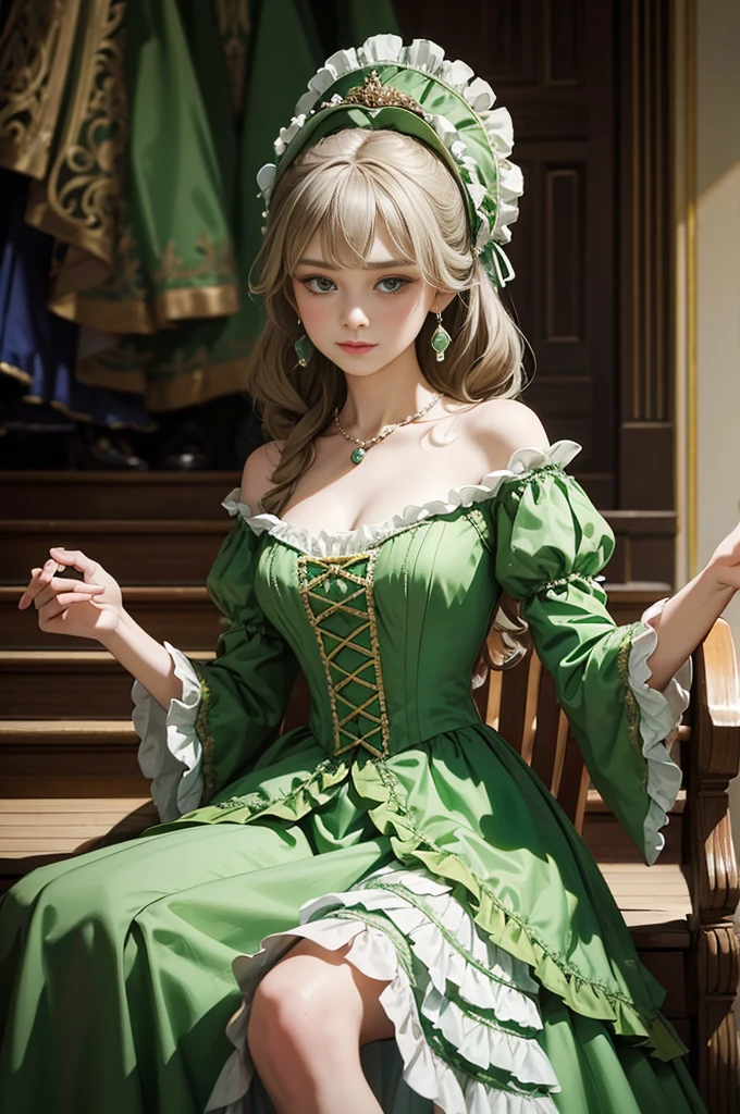 a woman in a green dress sitting on a set of stairs, dress in the style of rococo, historical baroque dress, rococo queen, 1 7 th century duchess, by Nina Petrovna Valetova, inspired by Franz Xaver Winterhalter, inspired by Jean-Marc Nattier, aristocratic clothing, # rococo