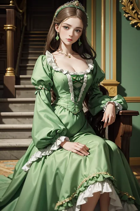 a woman in a green dress sitting on a set of stairs, dress in the style of rococo, historical baroque dress, rococo queen, 1 7 t...
