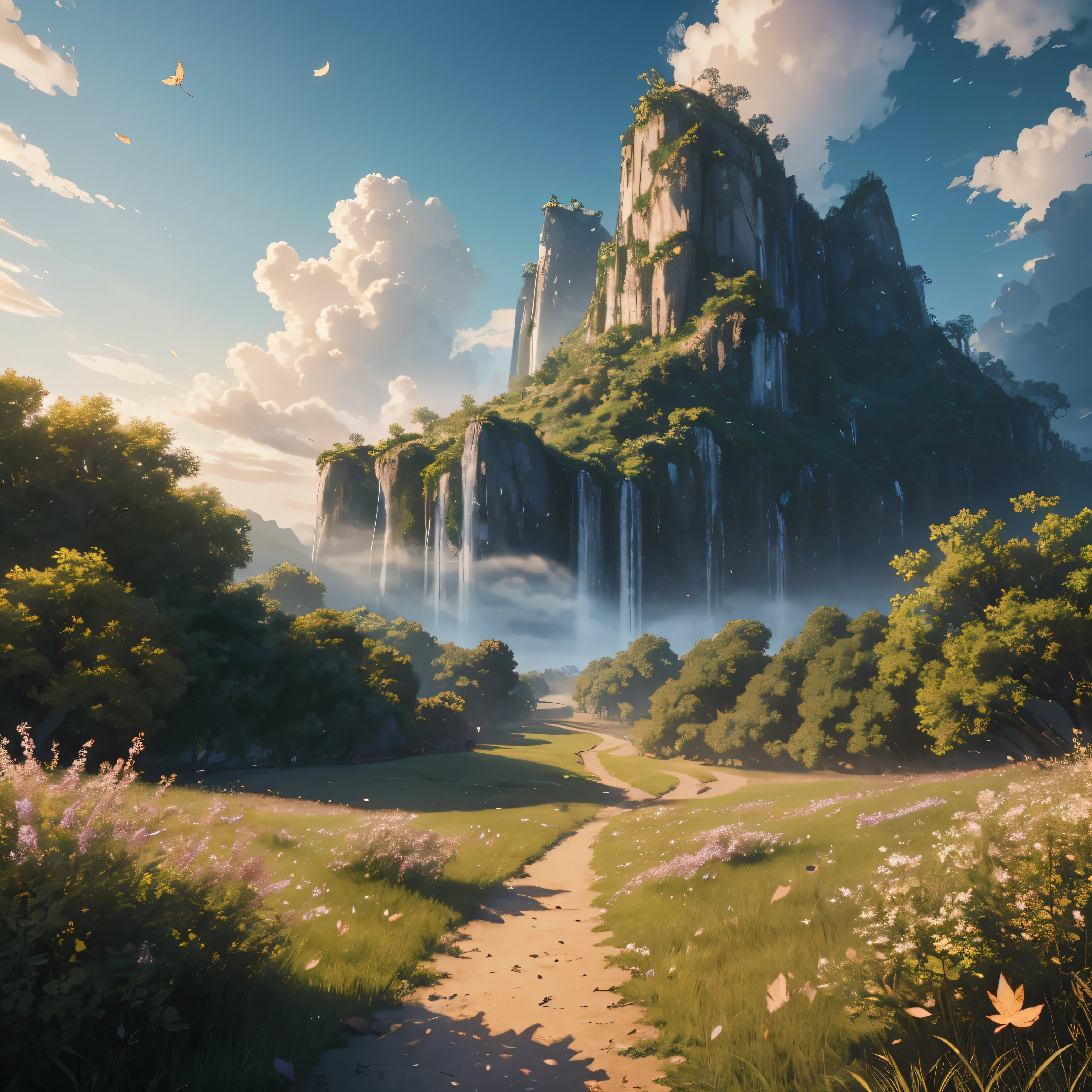 Masterpiece, highest quality, (highly detailed CG Unity 8k wallpaper) (highest quality), (best illustration), (best shadow) nature', sky, clouds, delicate leaf petals falling in the light of the air Tracking, ultra detailed  --v6 