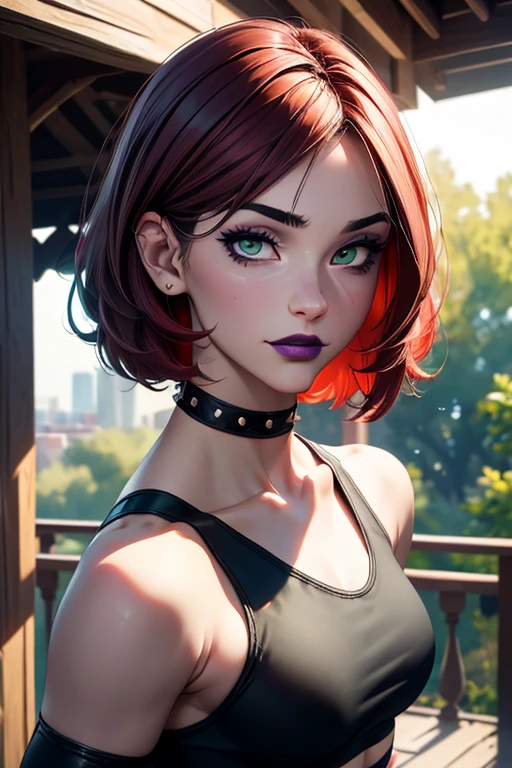 Masterpiece, beautiful art, professional artist, 8k, very detailed face, very detailed hair, 1girl, Rogue (RogueXME, short hair, two-tone hair, (red hair), (white bangs), green eyes, purple makeup, purple lipstick, medium breasts, smiling, choker, studded collar, tight yoga leggings and lycra sports bra, gloves), stretching on a yoga matt outside the X-Mansion on the porch, hot, horny, aroused, blushing, thinking of her girlfriend, missing her lover, no labels, no branding, perfectly drawn body, beautiful face, very detailed eyes, rosey cheeks, intricate details in eyes, perfect fit body, beautiful body, extremely detailed, intricate details, highly detailed, sharp focus, detailed skin, realistic skin texture, texture, detailed eyes, high resolution, kodak vision color, foto_\(ultra\), post-processing, maximum detail, roughness, real life, ultra realistic, photorealism, photography, absurdres, RAW photo, highest quality, high detail RAW color photo, professional photo, extremely detailed UHD 8k wallpaper unit, best quality, highres, (masterpiece, top quality, high resolution:1.4), photo, cinematic, film grain, sharp, soft natural light, magic photography, super detailed.