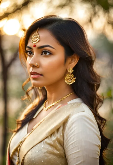 1 indian girl, (sharp focus) , blurry background, depth of field, earrings, hair over one eye, jewelry, lips, long hair, necklac...