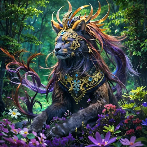 Beastman in an enchanted forest、Mysterious Aura、Intricately patterned fur、Sharp Eyes、Graceful Movement、Ancient Tree々or bright fl...