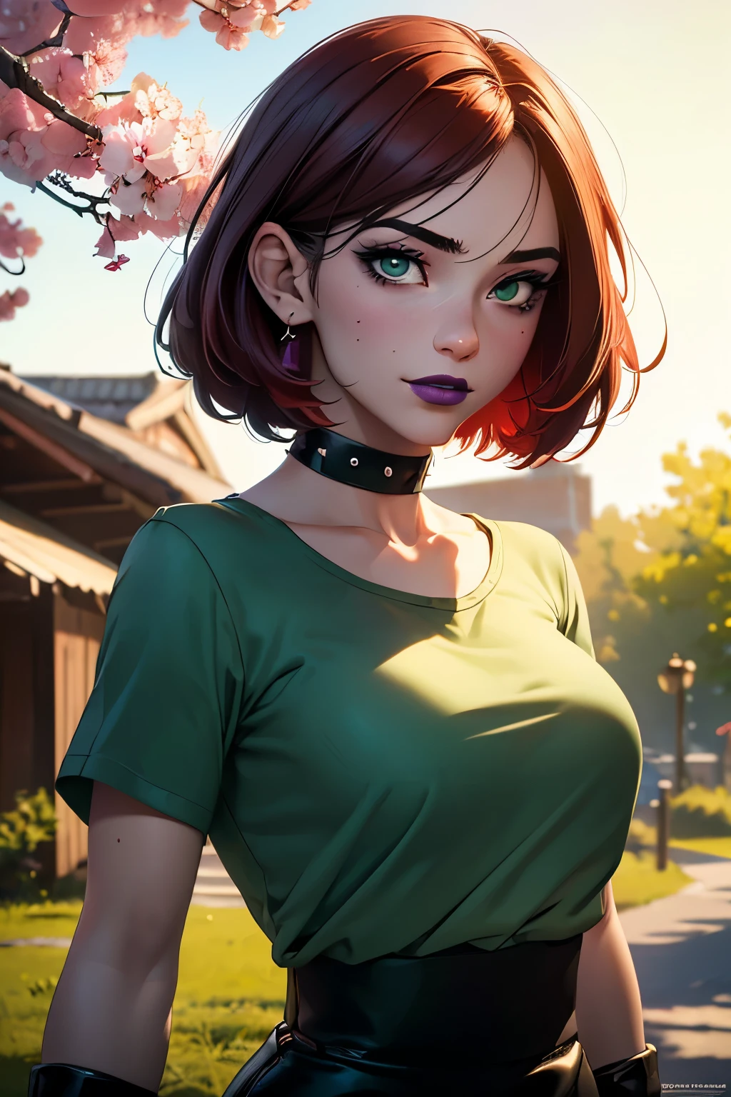 Masterpiece, beautiful art, professional artist, 8k, very detailed face, very detailed hair, 1girl, Rogue (RogueXME, short hair, two-tone hair, (red hair), (white bangs), green eyes, purple makeup, purple lipstick, medium breasts, smiling, choker, studded collar, ((green shirt)), miniskirt, leather skirt, gloves, boots), walking the streets of Kyoto, beautiful cherry blossoms, sunset, hot, horny, aroused, blushing, thinking of her girlfriend, missing her lover, no labels, no branding, perfectly drawn body, beautiful face, very detailed eyes, rosey cheeks, intricate details in eyes, perfect fit body, beautiful body, extremely detailed, intricate details, highly detailed, sharp focus, detailed skin, realistic skin texture, texture, detailed eyes, high resolution, kodak vision color, foto_\(ultra\), post-processing, maximum detail, roughness, real life, ultra realistic, photorealism, photography, absurdres, RAW photo, highest quality, high detail RAW color photo, professional photo, extremely detailed UHD 8k wallpaper unit, best quality, highres, (masterpiece, top quality, high resolution:1.4), photo, cinematic, film grain, sharp, soft natural light, magic photography, super detailed