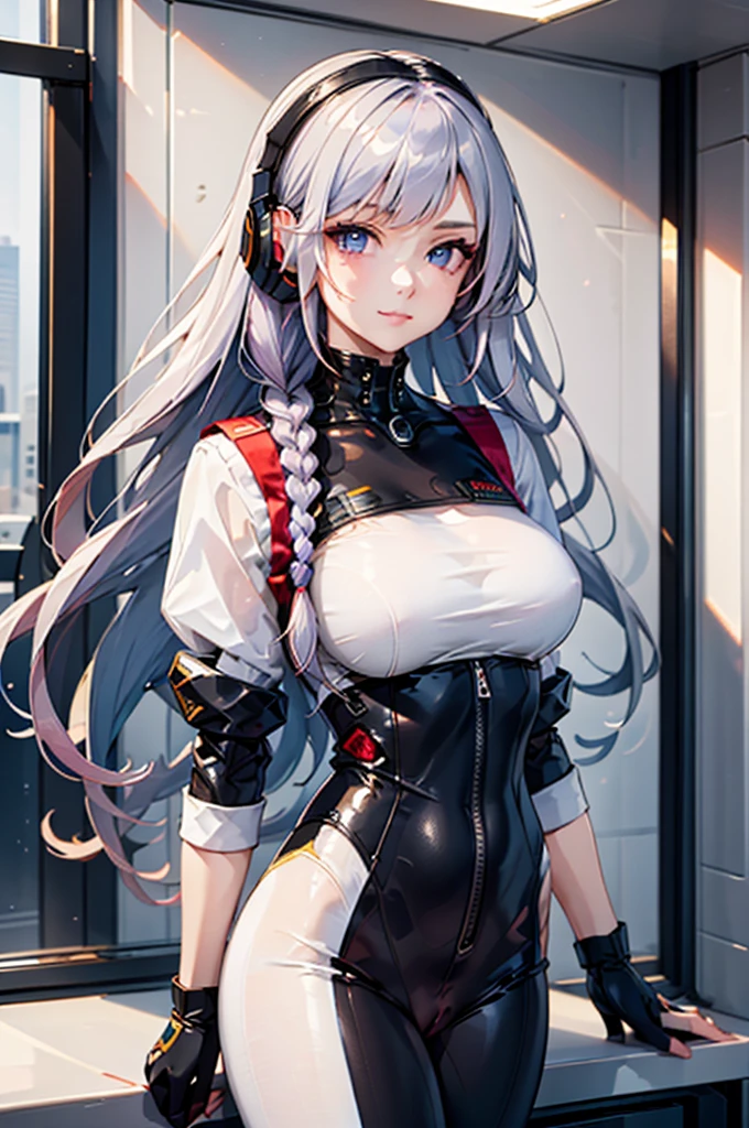 (best quality, masterpiece, uncensored, high quality, ultra detailed, extremely detailed CG, beautiful face, beautiful eyes, beautiful hair), solo, 1girl, (light purple hair, and white gradient), long hair, cold, kind, long twin braids, light smile, large breasts, futuristic clothes, robot suit, robot earmuffs, future, universe, city 