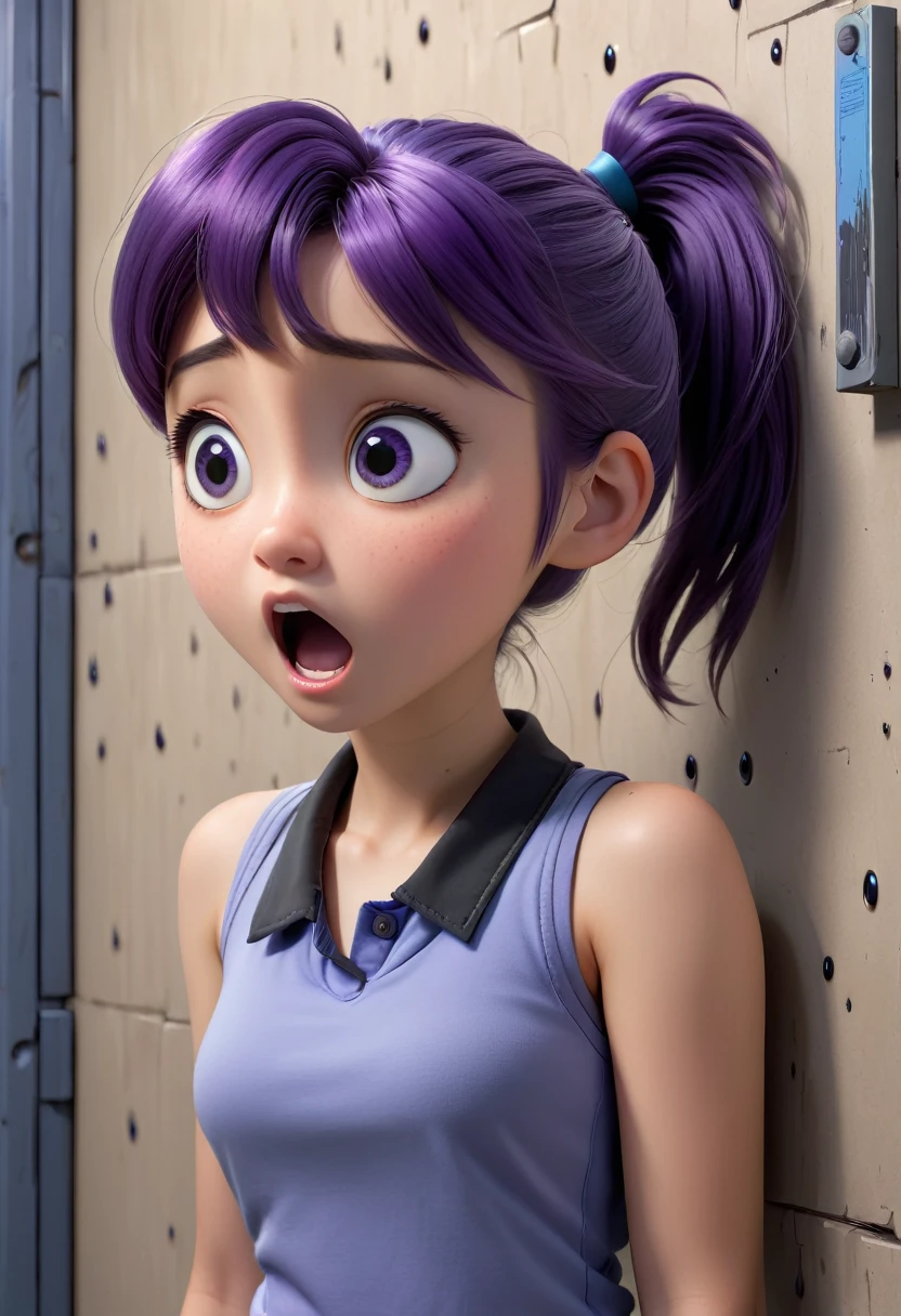  Japanese girl, purple hair in a ponytail, blue collar, gray tank top, terrified, stuck to the wall with super-strong black glue in a faulty laboratory, 3d Pixar style, (Best quality, 4k, 8k, high resolution, masterpiece #39;artwork:1.2), Ultra-detailed, (Realistic, photoRealistic, photo-Realistic:1.37), portraits, Vivid colors, studio lighting