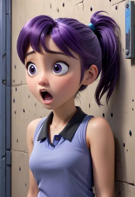 14 year old Japanese girl, purple hair in a ponytail, blue collar, gray tank top, terrified, stuck to the wall with super-strong...
