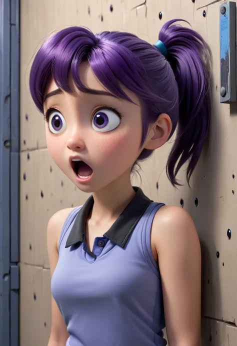 14 year old japanese girl, purple hair in a ponytail, blue collar, gray tank top, terrified, stuck to the wall with super-strong...