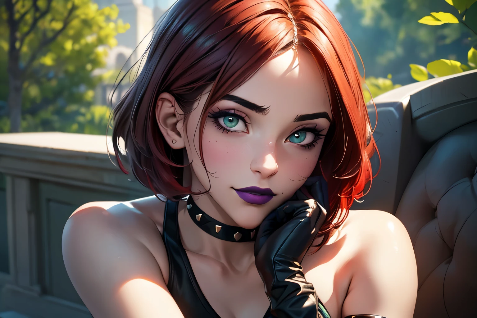 Masterpiece, beautiful art, professional artist, 8k, very detailed face, very detailed hair, 1girl, Rogue (RogueXME, short hair, two-tone hair, (red hair), (white bangs), green eyes, purple makeup, purple lipstick, medium breasts, smiling, choker, studded collar, tight gym shorts and sports bra, gloves), stretching on a yoga matt outside the X-Mansion on the porch, hot, horny, aroused, blushing, thinking of her girlfriend, missing her lover, no labels, no branding, perfectly drawn body, beautiful face, very detailed eyes, rosey cheeks, intricate details in eyes, perfect fit body, beautiful body, extremely detailed, intricate details, highly detailed, sharp focus, detailed skin, realistic skin texture, texture, detailed eyes, high resolution, kodak vision color, foto_\(ultra\), post-processing, maximum detail, roughness, real life, ultra realistic, photorealism, photography, absurdres, RAW photo, highest quality, high detail RAW color photo, professional photo, extremely detailed UHD 8k wallpaper unit, best quality, highres, (masterpiece, top quality, high resolution:1.4), photo, cinematic, film grain, sharp, soft natural light, magic photography, super detailed.