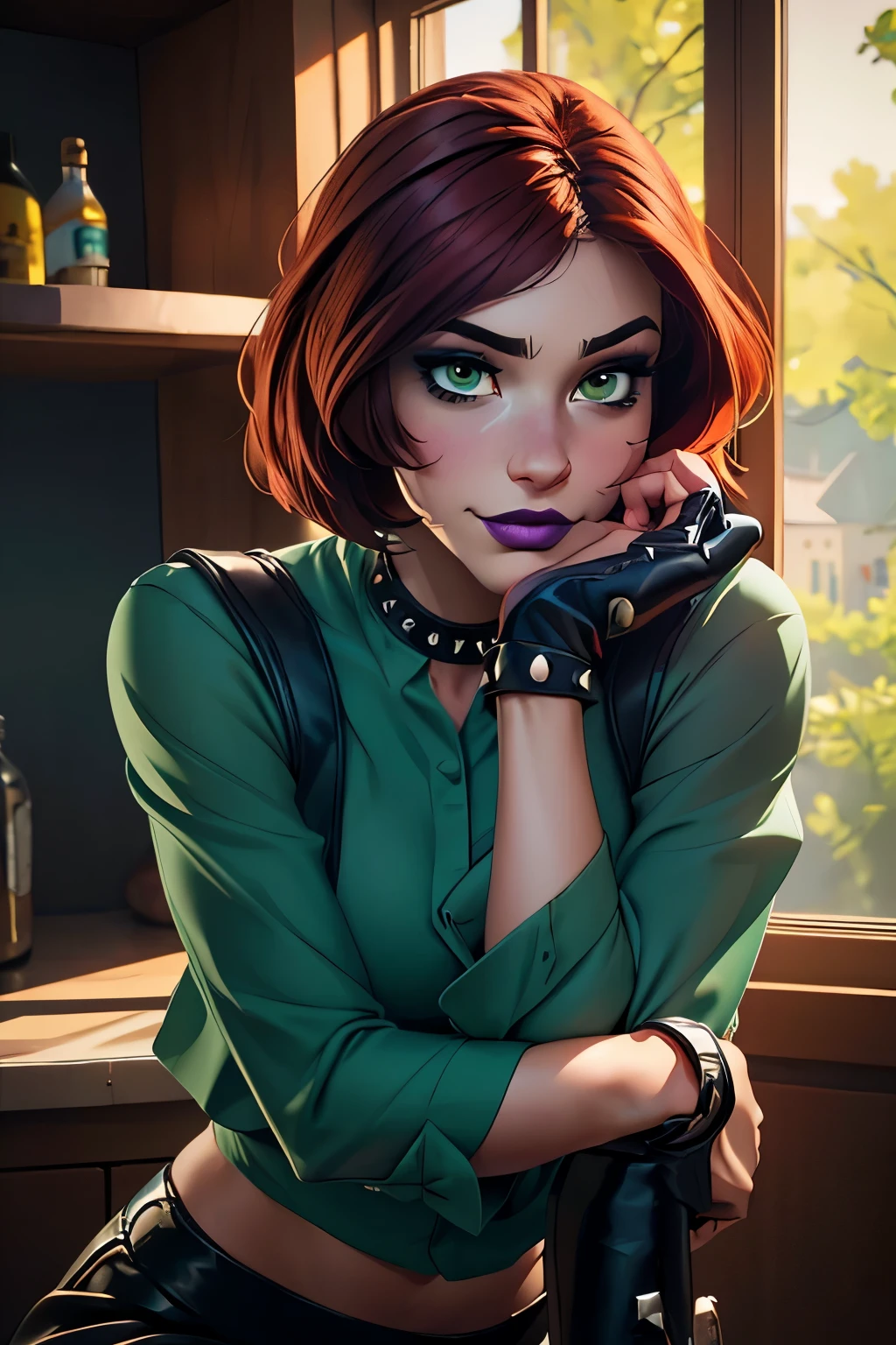 Masterpiece, beautiful art, professional artist, 8k, very detailed face, very detailed hair, 1girl, Rogue (RogueXME, short hair, two-tone hair, (red hair), (white bangs), green eyes, purple makeup, purple lipstick, medium breasts, smiling, choker, studded collar, ((green shirt)), miniskirt, leather skirt, gloves, boots), walking around the X-Mansion, hot, horny, aroused, blushing, thinking of her girlfriend, missing her lover, no labels, no branding, perfectly drawn body, beautiful face, very detailed eyes, rosey cheeks, intricate details in eyes, perfect fit body, beautiful body, extremely detailed, intricate details, highly detailed, sharp focus, detailed skin, realistic skin texture, texture, detailed eyes, high resolution, kodak vision color, foto_\(ultra\), post-processing, maximum detail, roughness, real life, ultra realistic, photorealism, photography, absurdres, RAW photo, highest quality, high detail RAW color photo, professional photo, extremely detailed UHD 8k wallpaper unit, best quality, highres, (masterpiece, top quality, high resolution:1.4), photo, cinematic, film grain, sharp, soft natural light, magic photography, super detailed, remove extra limb and have her leaning on a stool