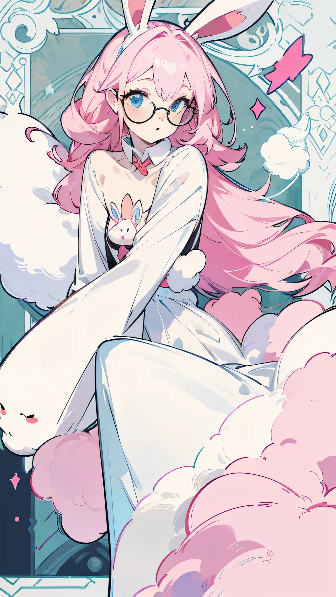 Pink hair, cute bunny girl, blue eyes, pale skin, wearing red glasses, cute, kawaii, masterpiece, high quality, detailed face, full body