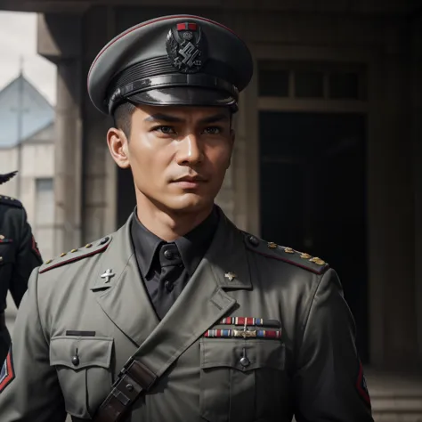 
"Craft a vivid narrative depicting a strikingly handsome Indonesian military officer, his raven-black hair framing sharp featur...