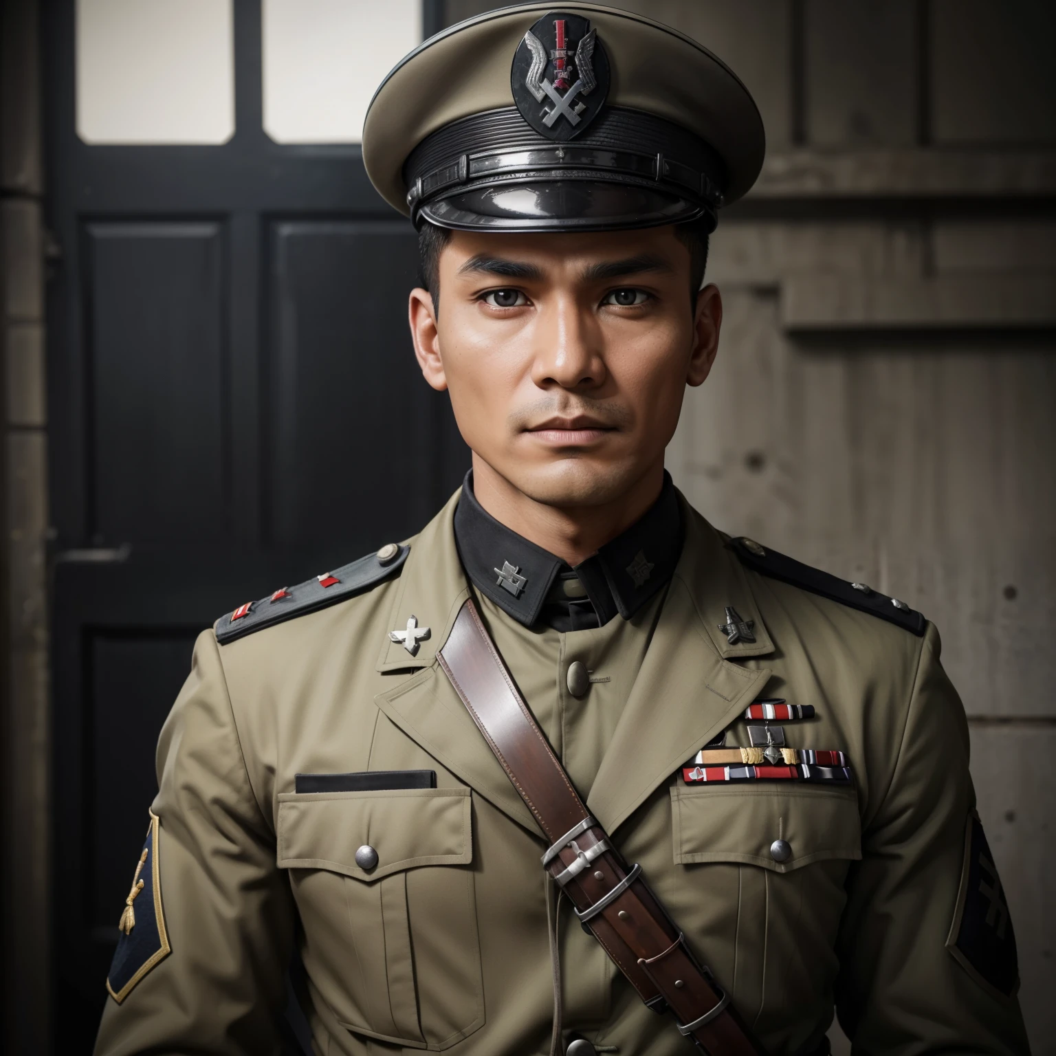 
"Craft a vivid narrative depicting a strikingly handsome Indonesian military officer, his raven-black hair framing sharp features, during World War II. He serves in the Waffen-SS, clad in a steely grey uniform with a military cap adorning his head. Despite his alluring appearance, his demeanor is chillingly cold and lethal. Describe a scene where his ruthless efficiency and merciless nature are on display amidst the chaos of battle, capturing the essence of his character as a formidable and formidable figure on the battlefield." super fine face, super fine eyes, super fine nose, super fine mouth, perfect face, black uniform, uniform, ww2 soldier uniform, ww2 german soldier officer uniform, waffen ss uniform, Wehrmacht uniform, super realistic waffen ss uniform, passport photograph, weapon, rifle, machine gun, sub machine gun, assault rifle, super realistic weapon, super realistic gun, supe fine shoulder stock, raw photo, eyes facing the camera