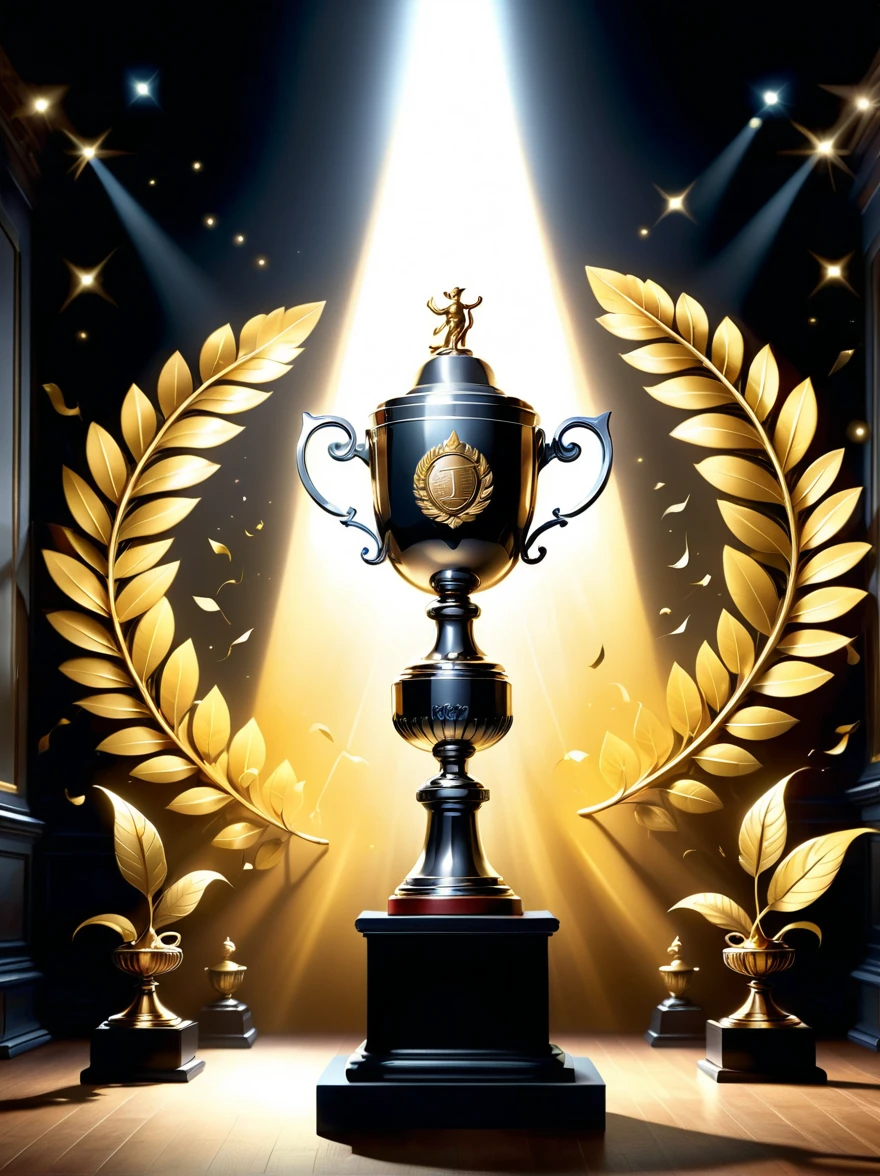 Design related to a champion. The image should depict a golden trophy adorned with laurel leaves, symbolic of victory and achievement. In the background, a giant number one, shining with radiant yellow light, symbolizing first place or victorious status. Complex arabesque designs etch the base of the trophy, highlighting the grandeur and magnificence of a champion's position. The scene is set on a grand podium with lights pointing towards the trophy, casting a dramatic shadow, emphasizing the importance of being a champion.