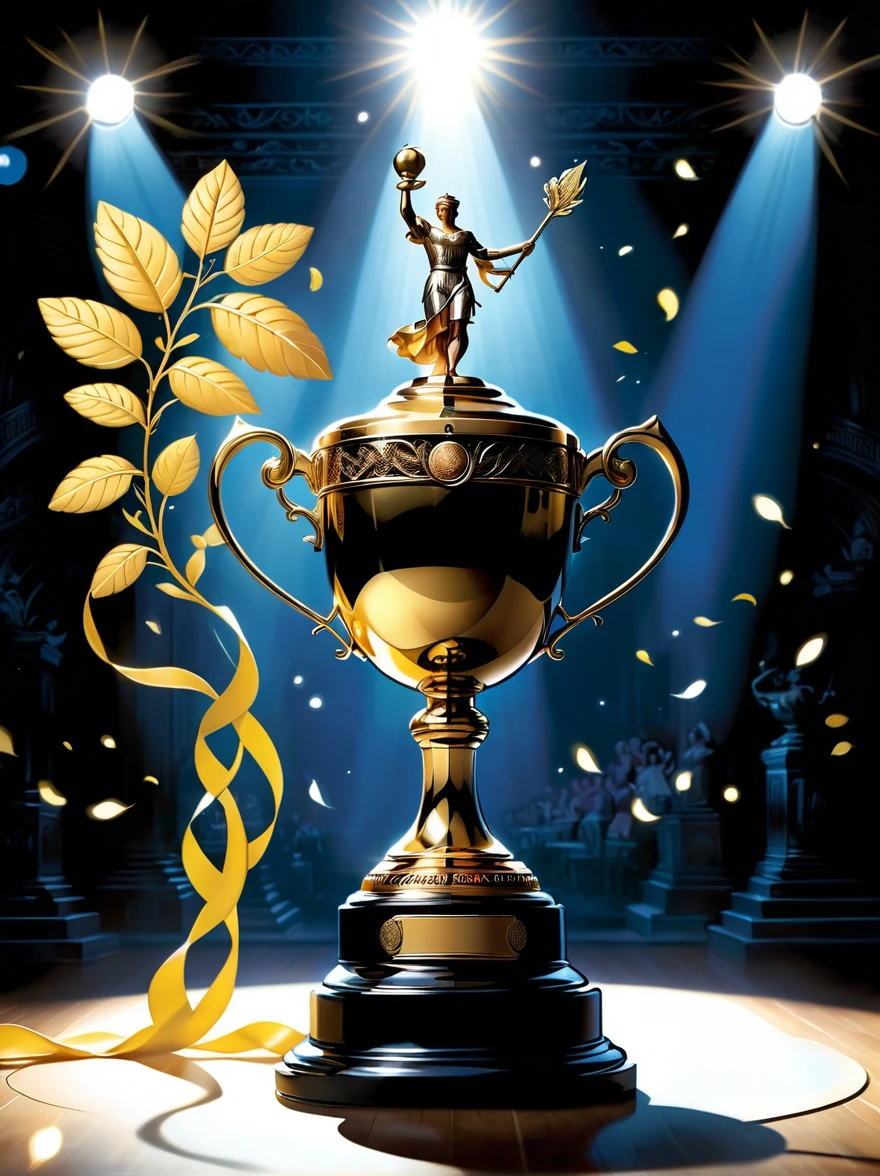 Design related to a champion. The image should depict a golden trophy adorned with laurel leaves, symbolic of victory and achievement. In the background, a giant number one, shining with radiant yellow light, symbolizing first place or victorious status. Complex arabesque designs etch the base of the trophy, highlighting the grandeur and magnificence of a champion's position. The scene is set on a grand podium with lights pointing towards the trophy, casting a dramatic shadow, emphasizing the importance of being a champion.