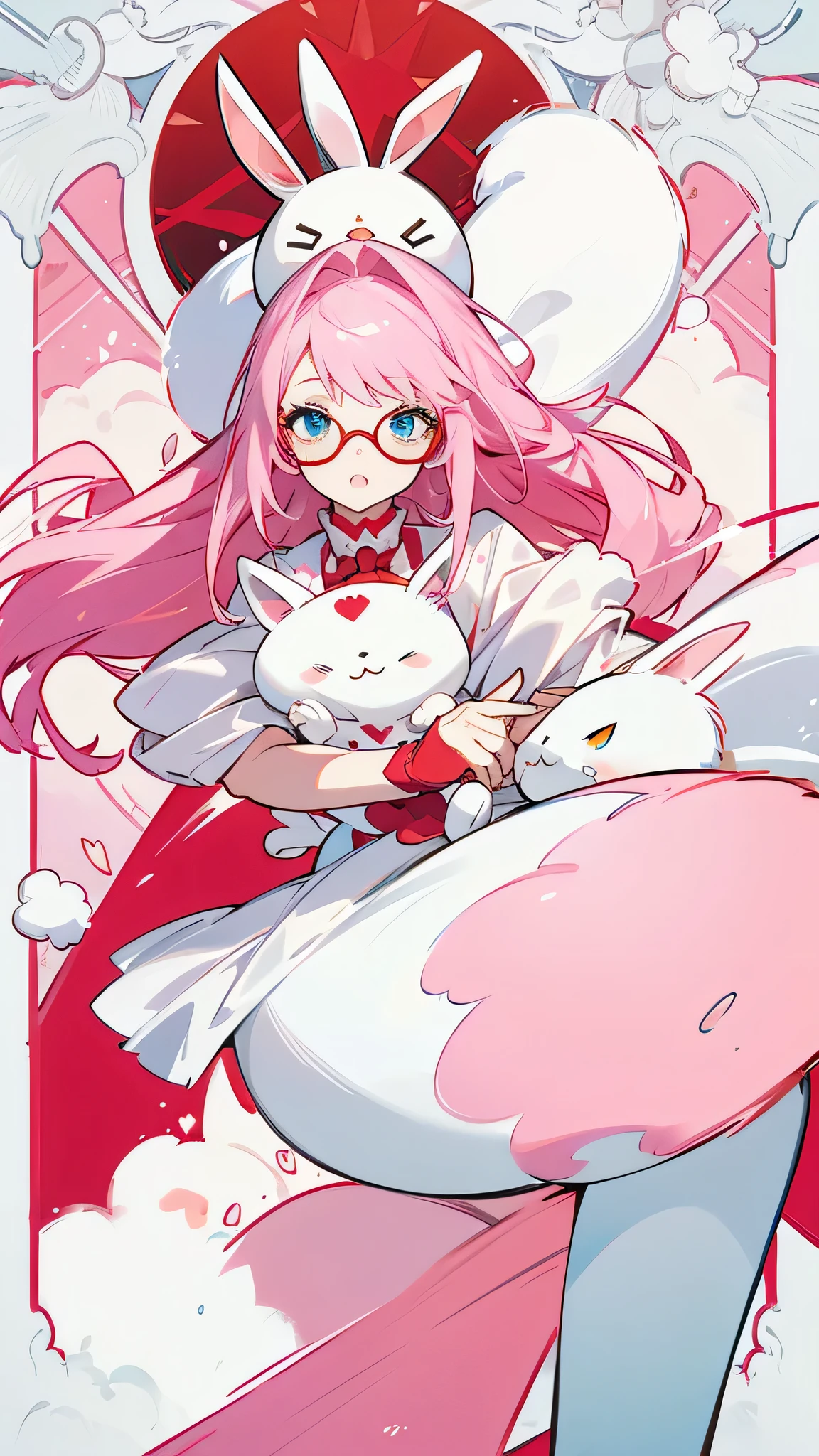 Pink hair, cute bunny girl, blue eyes, pale skin, wearing red glasses, cute, kawaii, masterpiece, high quality, detailed face, full body