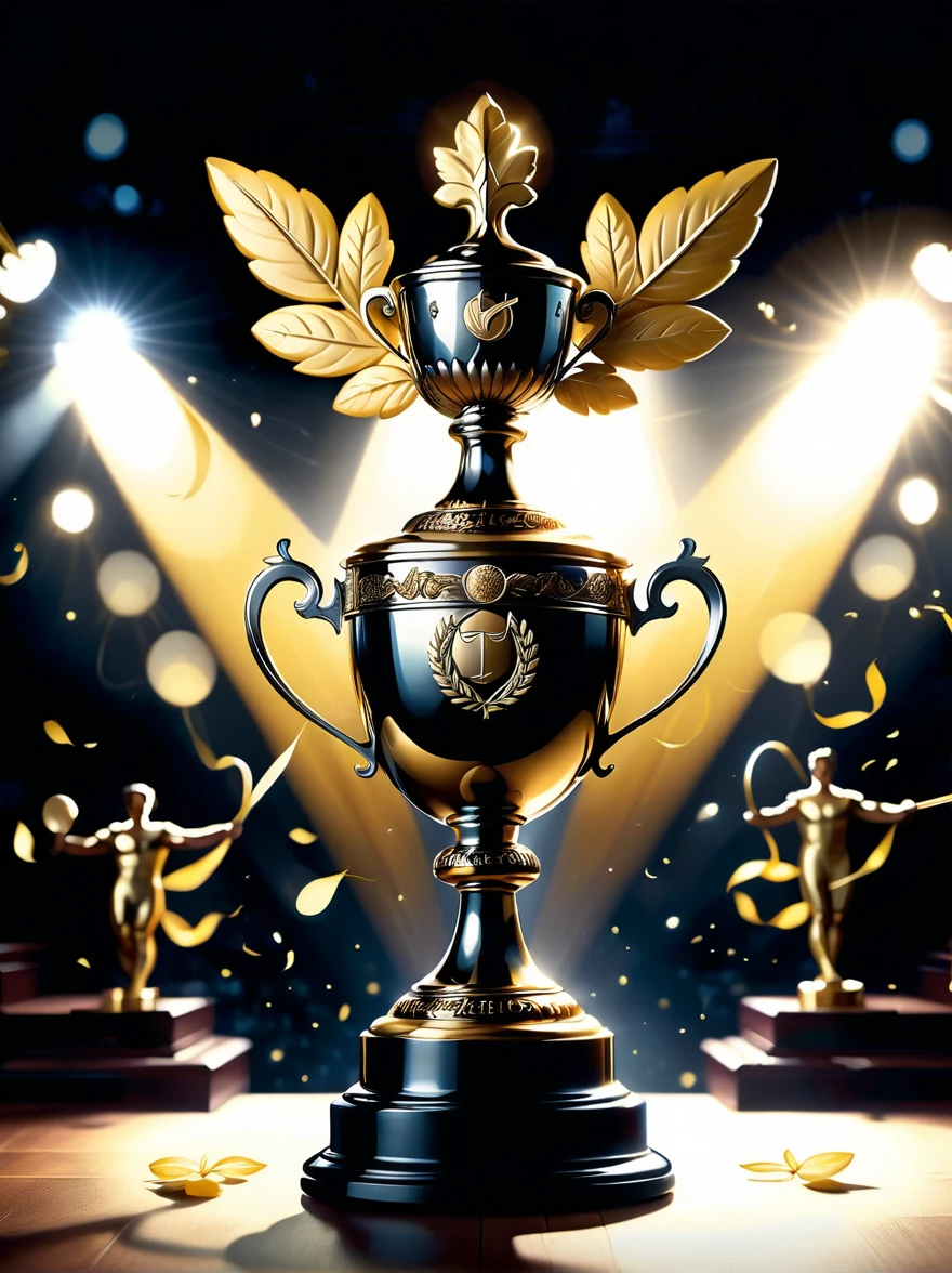 Design related to a champion. The image should depict a golden trophy adorned with laurel leaves, symbolic of victory and achievement. In the background, a giant number one, shining with radiant yellow light, symbolizing first place or victorious status. Complex arabesque designs etch the base of the trophy, highlighting the grandeur and magnificence of a champion's position. The scene is set on a grand podium with lights pointing towards the trophy, casting a dramatic shadow, emphasizing the importance of being a champion.