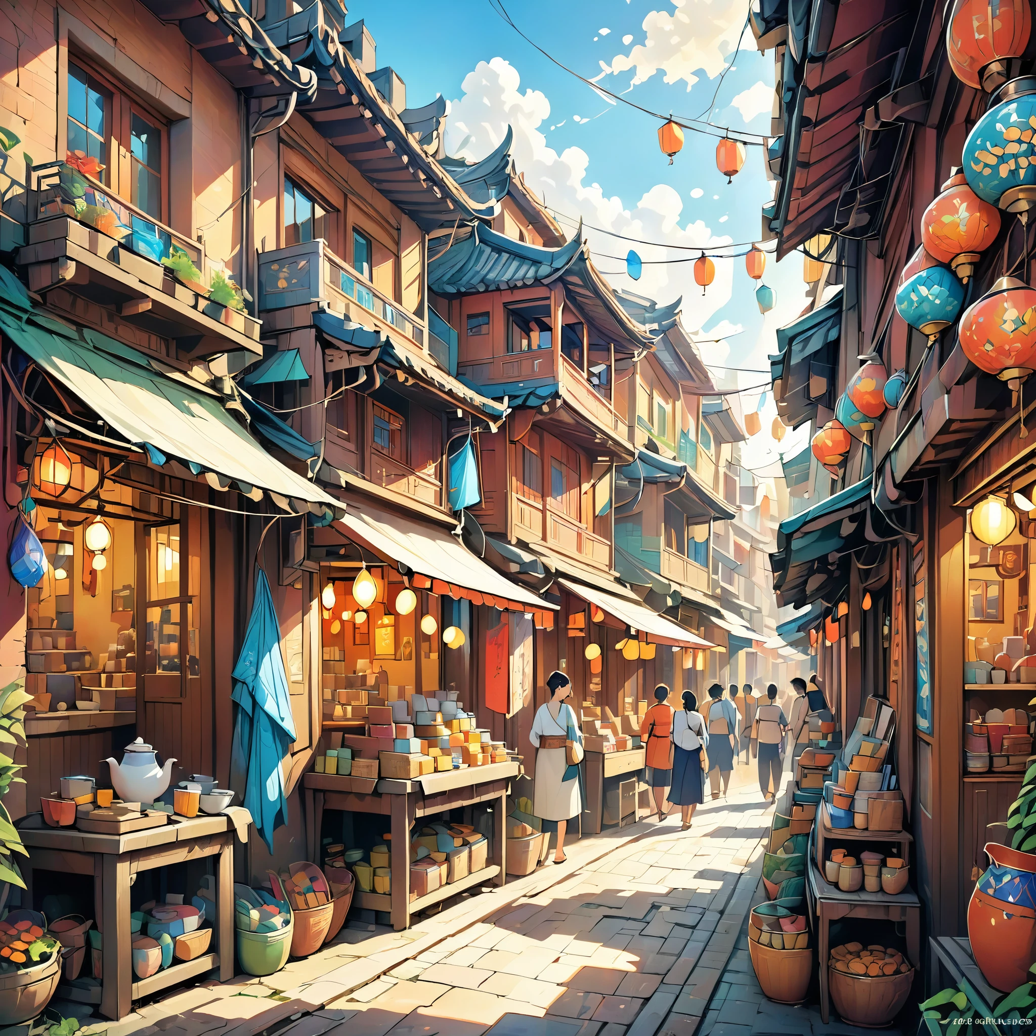 highest quality, High resolution, Very detailed, Realistic, warm and Vibrant colors, Texture Details, Soft lighting, Traditional art style, Fine brushwork, Intricate tile work, Bustling market, Narrow winding streets, Dusty Alley, Vibrant textiles, ancient architecture, Vibrant colors, blue sky, sunny day, Vibrant atmosphere, A rich cultural heritage, A lively crowd, Friendly locals々, Traditional Crafts, Flavourful spices, Aromatic tea, Exotic scent, Timeless beauty, Peaceful atmosphere