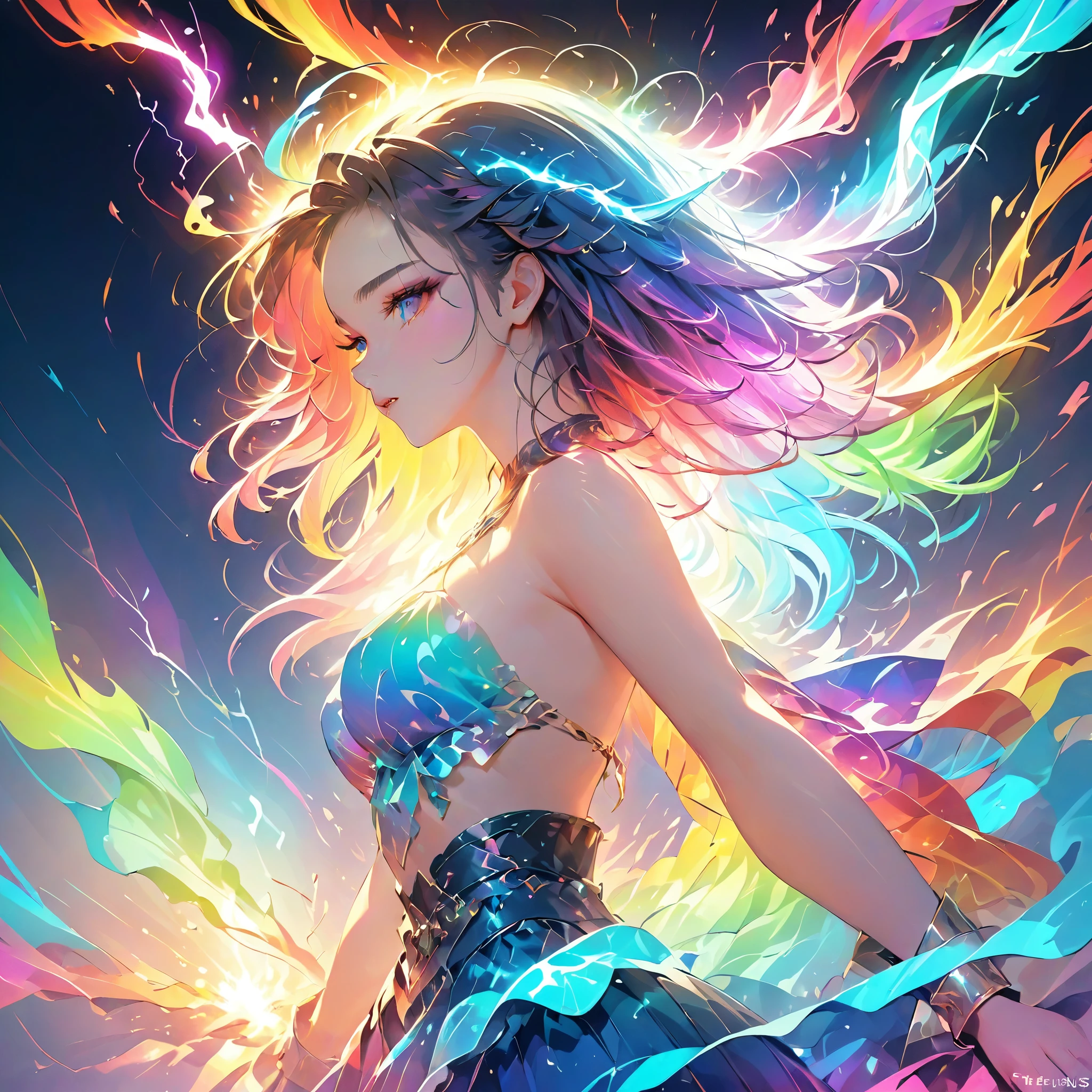 masterpiece,highest quality,Shine, spark, lightning, chromatic aberration, The fusion of rainbow and woman, artwork, Side view, 18-year-old, Exposing shoulders, Fantasy art style,