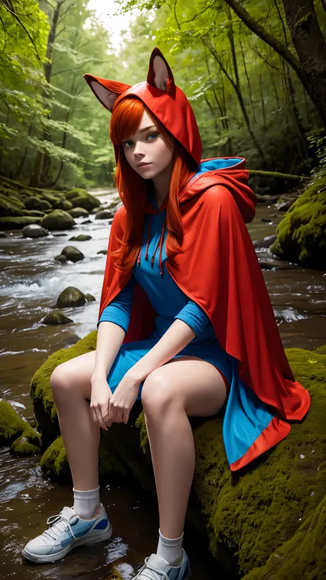 8k, best quality, (photorealistic:1.4), raw photo, 1girl, red hair, animal ears, blue hooded cape, ears sticking out, pose: sitt...