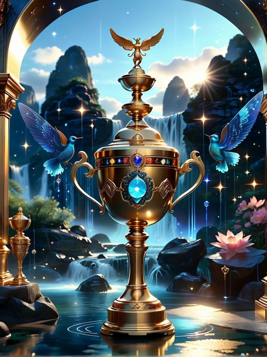 Design related to a champion. The image should depict a golden trophy adorned with laurel leaves, symbolic of victory and achievement. In the background, a giant number one, shining with radiant yellow light, symbolizing first place or victorious status. Complex arabesque designs etch the base of the trophy, highlighting the grandeur and magnificence of a champion's position. The scene is set on a grand podium with lights pointing towards the trophy, casting a dramatic shadow, emphasizing the importance of being a champion.