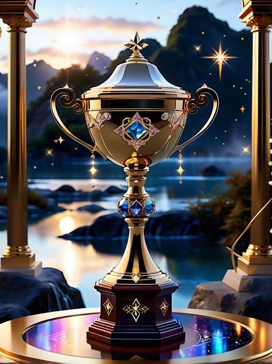 Design related to a champion. The image should depict a golden trophy adorned with laurel leaves, symbolic of victory and achievement. In the background, a giant number one, shining with radiant yellow light, symbolizing first place or victorious status. Complex arabesque designs etch the base of the trophy, highlighting the grandeur and magnificence of a champion's position. The scene is set on a grand podium with lights pointing towards the trophy, casting a dramatic shadow, emphasizing the importance of being a champion.