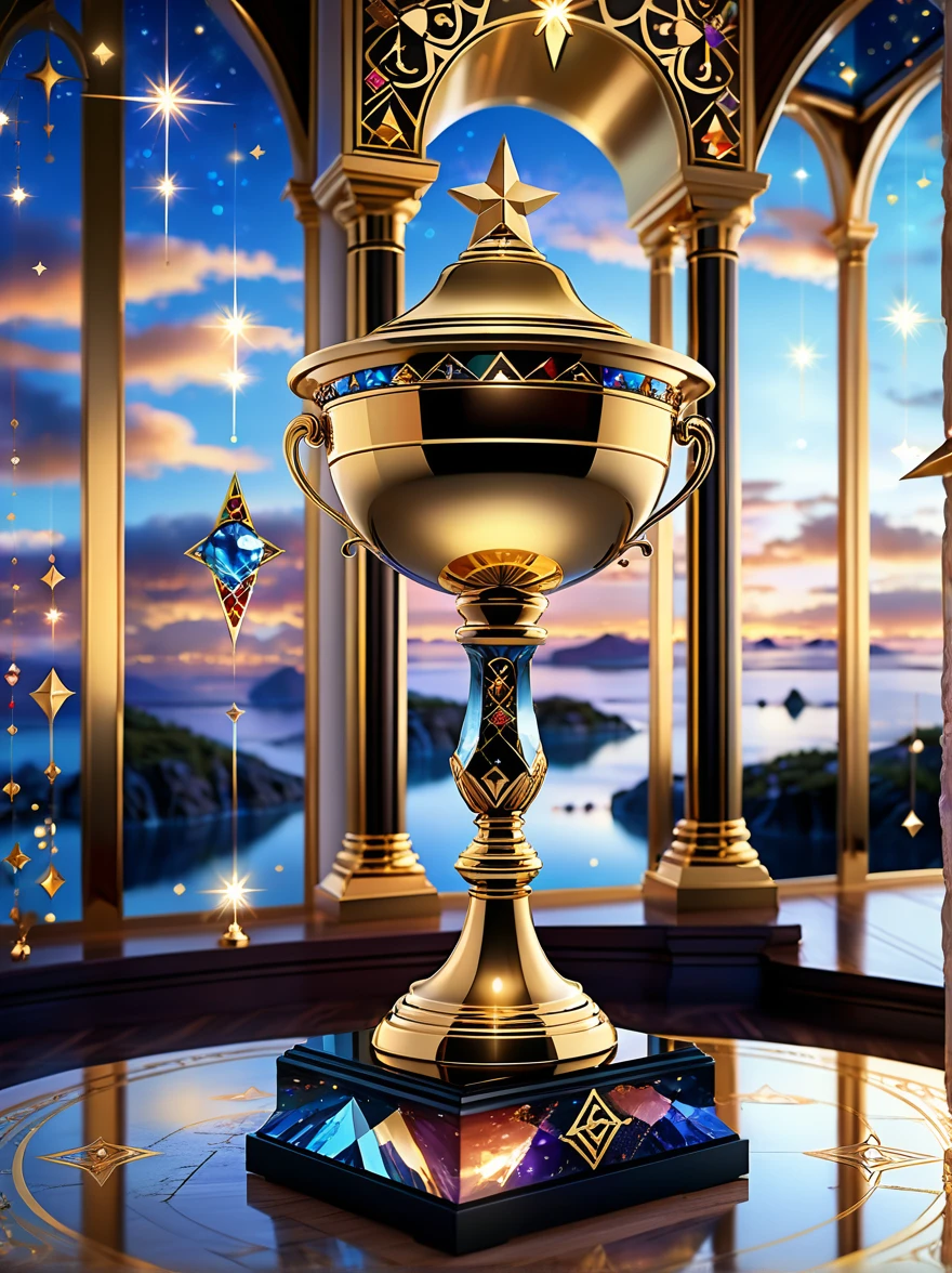 Design related to a champion. The image should depict a golden trophy adorned with laurel leaves, symbolic of victory and achievement. In the background, a giant number one, shining with radiant yellow light, symbolizing first place or victorious status. Complex arabesque designs etch the base of the trophy, highlighting the grandeur and magnificence of a champion's position. The scene is set on a grand podium with lights pointing towards the trophy, casting a dramatic shadow, emphasizing the importance of being a champion.