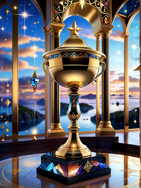 A majestic golden trophy in the magic world，Luxury，Spectacular，Sophisticated design，The surface is inlaid with precious gemstone...