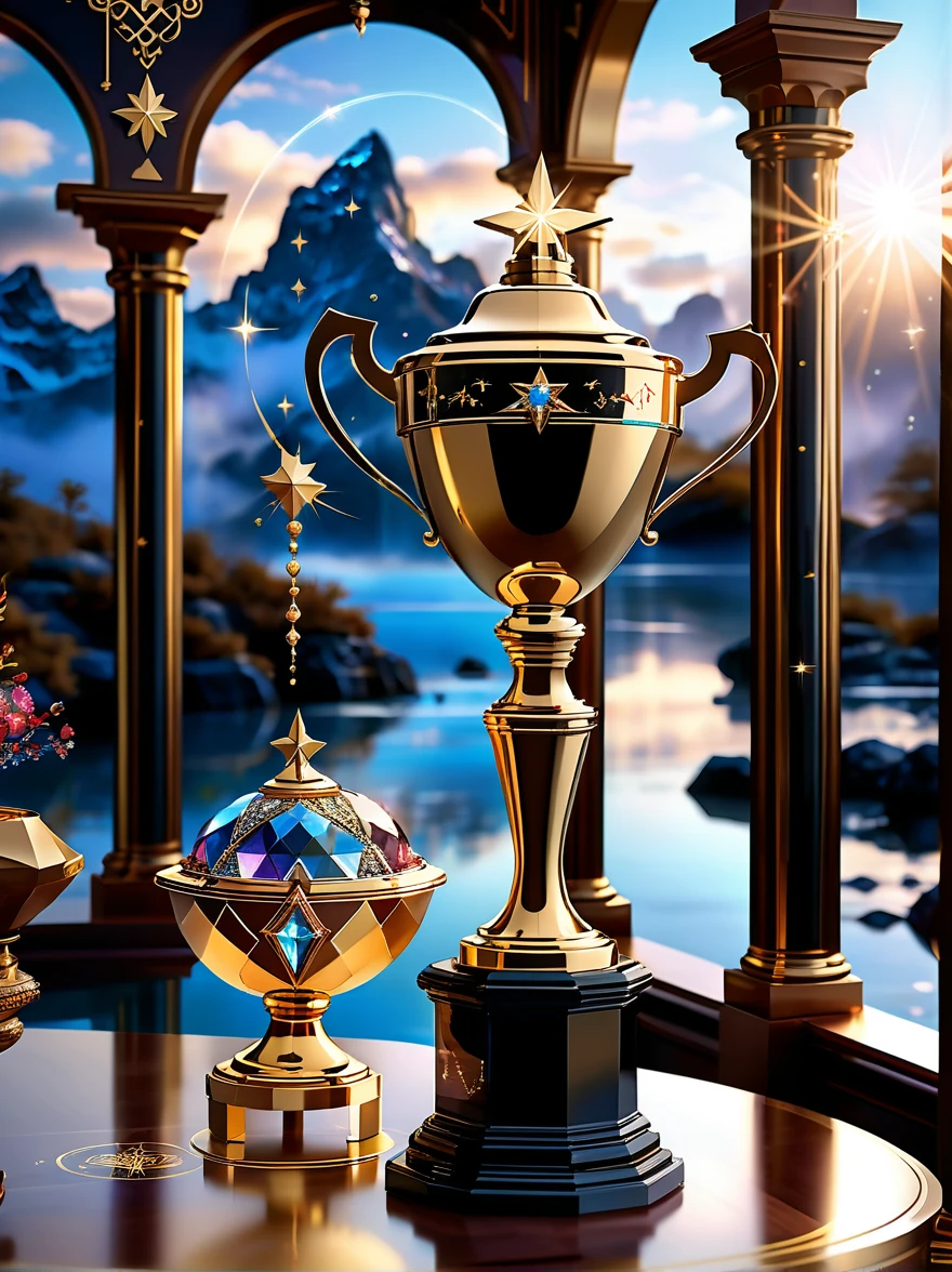 Design related to a champion. The image should depict a golden trophy adorned with laurel leaves, symbolic of victory and achievement. In the background, a giant number one, shining with radiant yellow light, symbolizing first place or victorious status. Complex arabesque designs etch the base of the trophy, highlighting the grandeur and magnificence of a champion's position. The scene is set on a grand podium with lights pointing towards the trophy, casting a dramatic shadow, emphasizing the importance of being a champion.