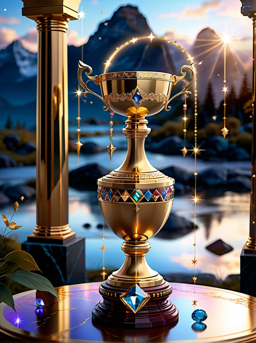 Design related to a champion. The image should depict a golden trophy adorned with laurel leaves, symbolic of victory and achievement. In the background, a giant number one, shining with radiant yellow light, symbolizing first place or victorious status. Complex arabesque designs etch the base of the trophy, highlighting the grandeur and magnificence of a champion's position. The scene is set on a grand podium with lights pointing towards the trophy, casting a dramatic shadow, emphasizing the importance of being a champion.