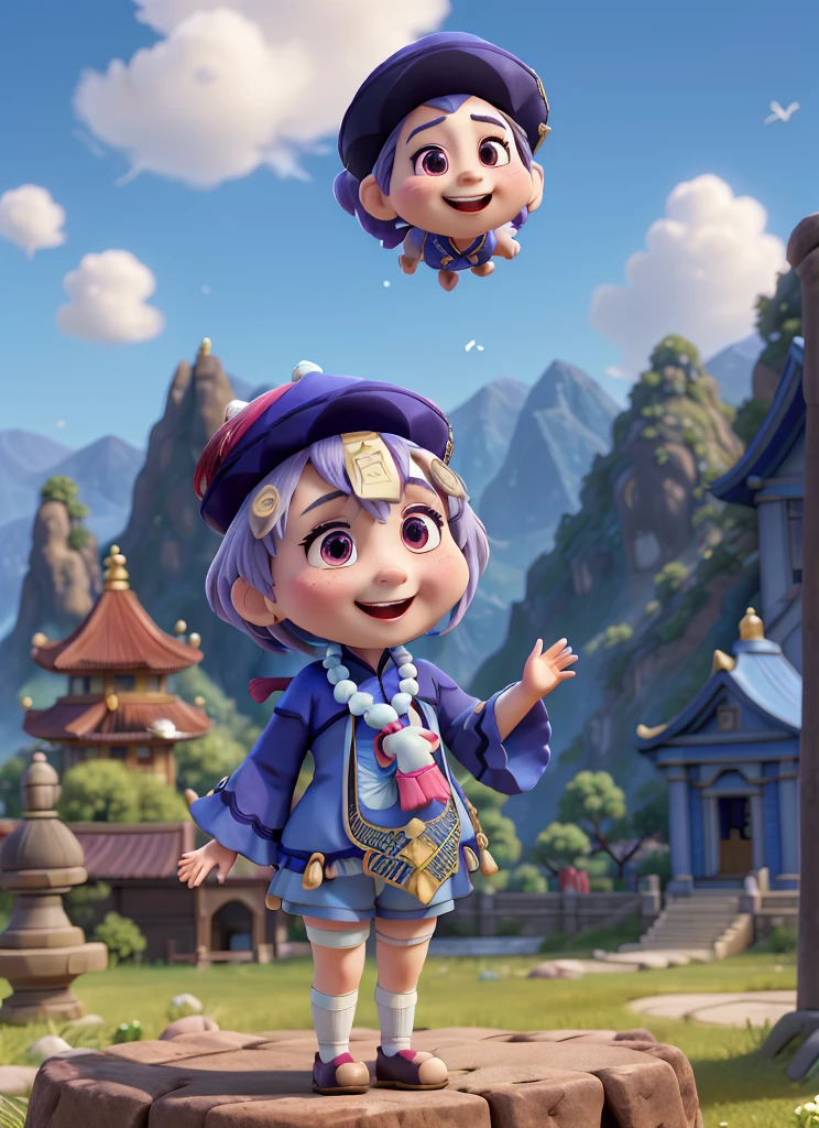 masterpiece,HD, qiqidef, Upper Body, Smile, blush, outdoor, sky, Simple background, blue sky空, short hair, sky空, temple, Looking at the audience, Standing, Mountain, Mood lighting, Disney Pixar style