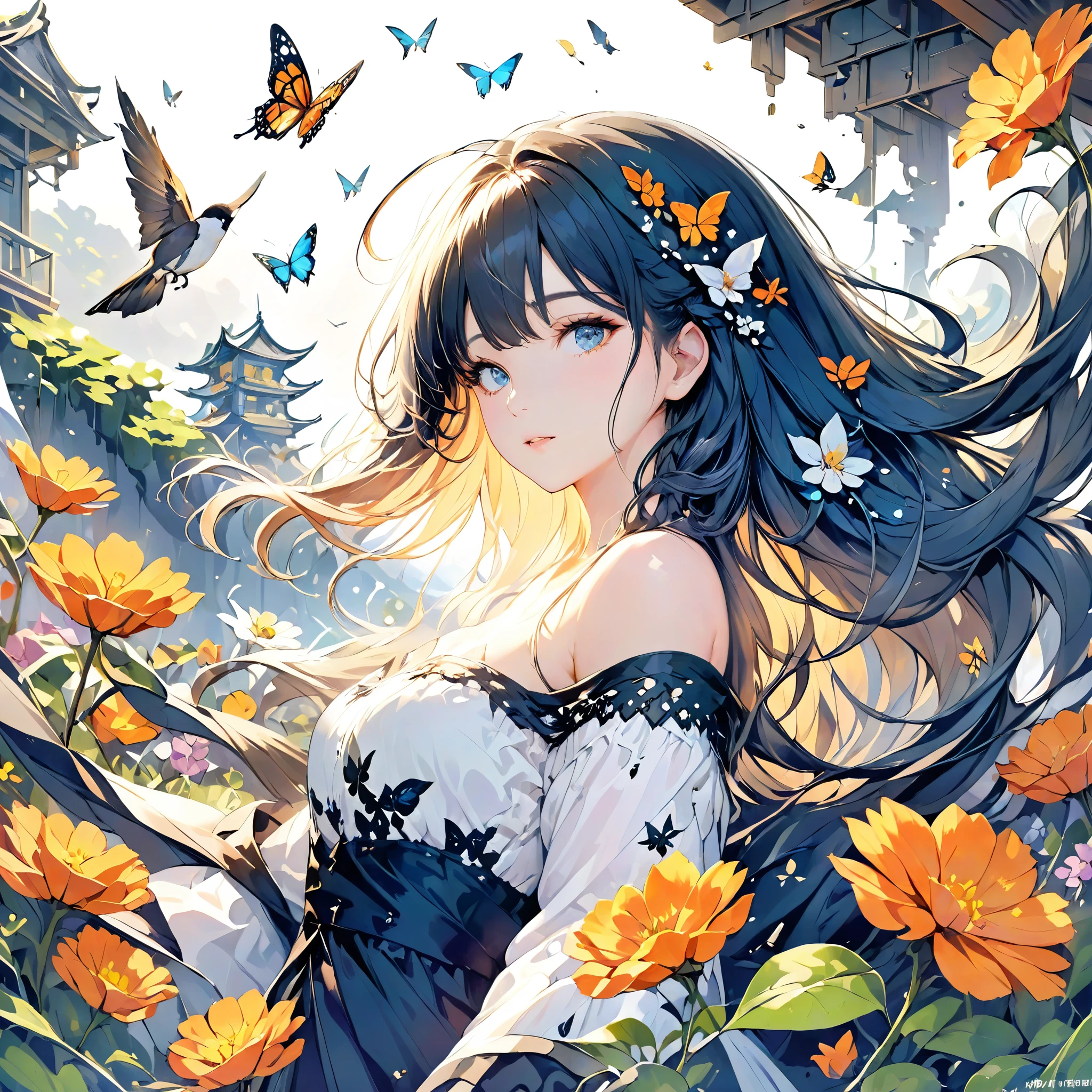 ink ,scenery(masterpiece, highest quality, High resolution), break (One girl, Long Hair, floating, Upper Body, Off the shoulder), (White Background, flower, scenery), butterfly, 色とりどりのflower, bird