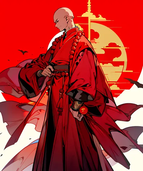 baldhead，monk，robe，red clothes，handsome，buddhist beads，whole body，front，simple background