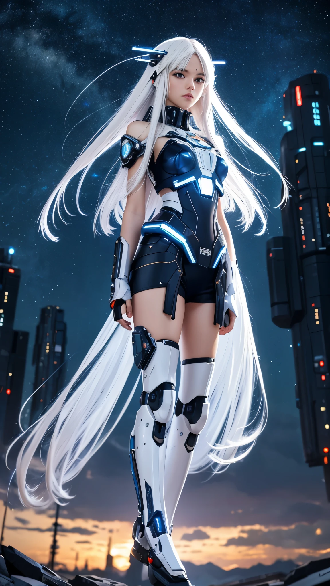 Meisterwerk, beste Qualität, 4k, Mecha, starry Himmel, Himmel, Sterne(Himmel), Kap, Stirnband, slender legs, lange Haare, weißes Haar, cyberpunk, Tiefenschärfe, unscharfer Hintergrund,