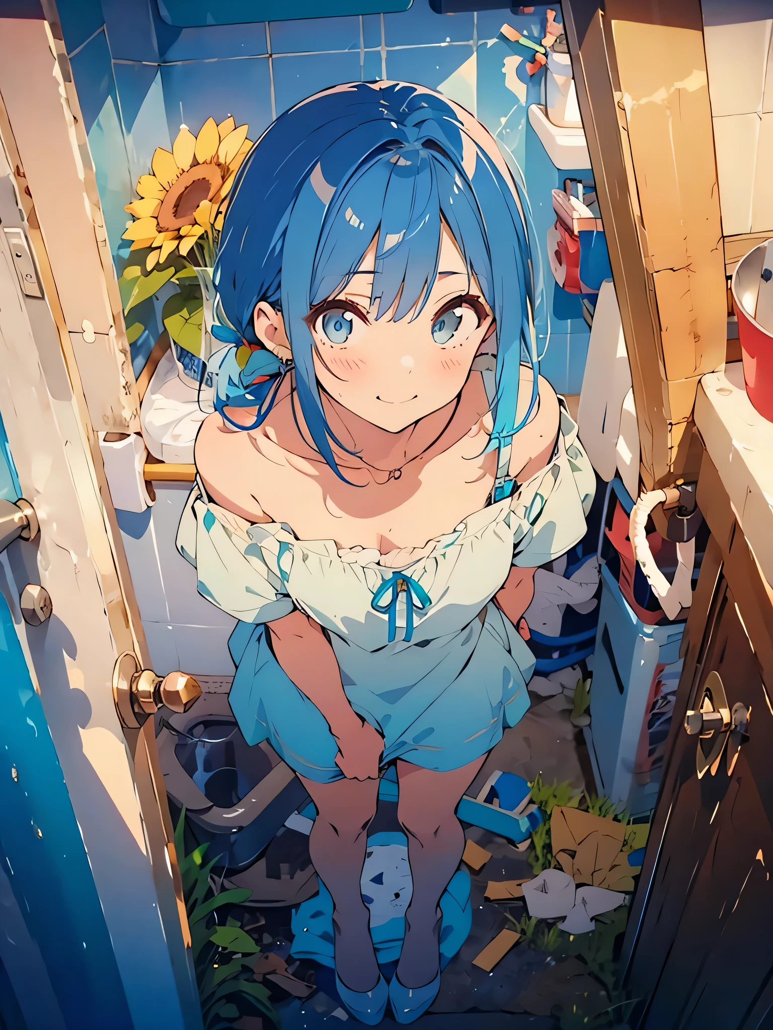 NSFW,masterpiece, best quality,(((color trace))),looking at viewer,town image,((short stature))
1girl, solo, open eyes,smile, standing,shoulder cutout, dress,((((blue hair)))),blue panty,green eyes,grim eyes, pigtail, blush, shortcut hair, white dress, clothing cutout, bangs, necklace, blurry, hand between leg,Town background, between legs, bow, facing viewer, small breasts, bare shoulders, straw hat, day, collarbone, hair bow, short sleeves, feet out of frame, ribbon,depth of field, hair over shoulder,noon,sky,bright sky,sun flower,downtown,old building,cafeteria,peeing,pubic toilet,sink