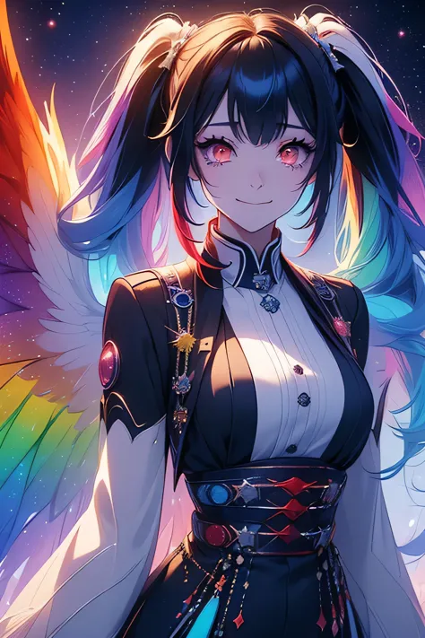 ((fantasy　rainbow hair　make your hair rainbow-colored on the inside　twin tails　dull red eyes　has a galaxy　uniform　put on a coat ...