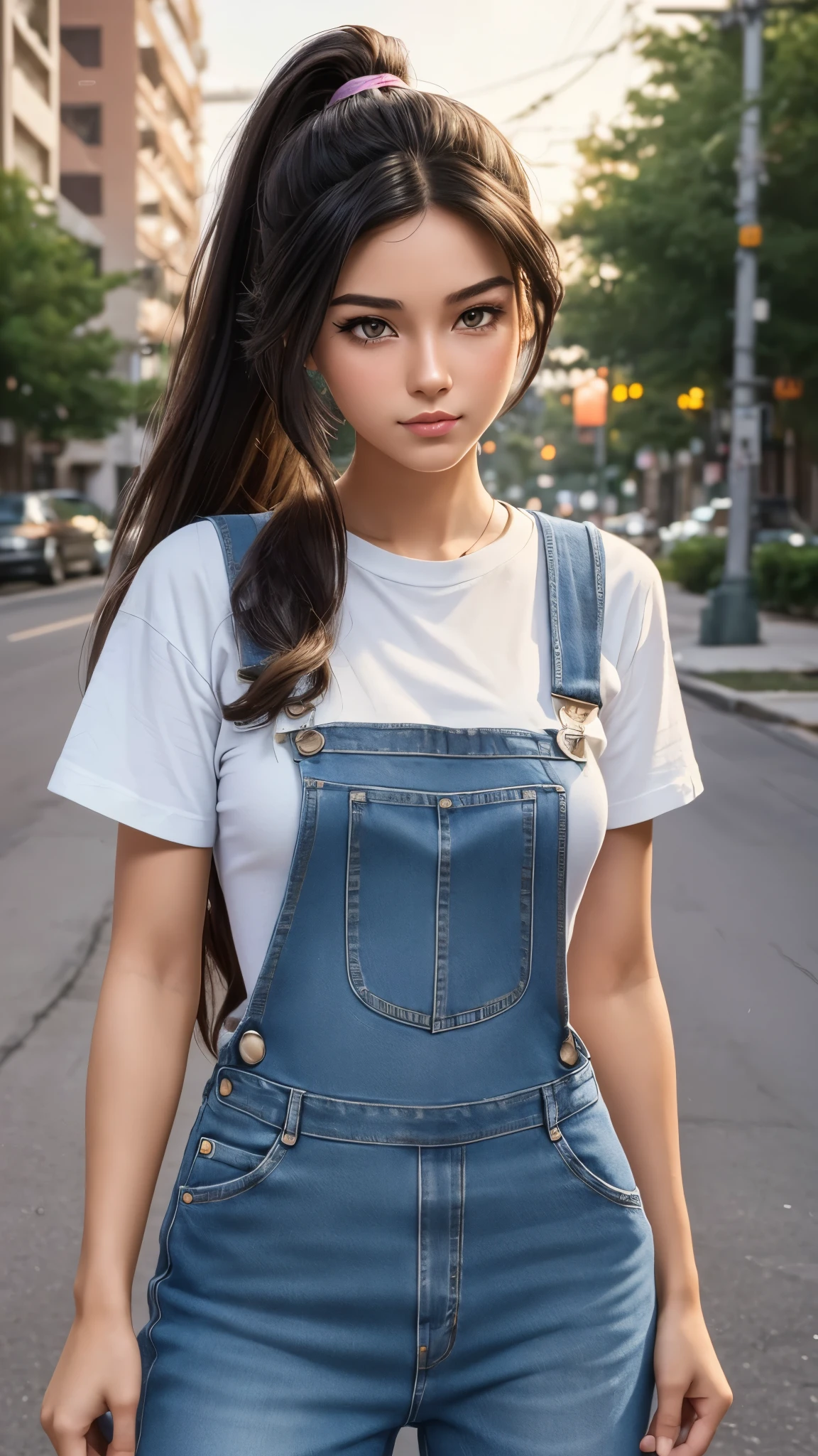 ein Foto von pho3b3cat3s, schöne Frau, ((2)), Straße, T-Shirt, Jeans-Overall, 1980er Jahre, Retro, langer gewellter Pferdeschwanz aus dunklem Haar, (Meisterwerk), (extrem detailliertes CG Unity 8k-Hintergrundbild), kompliziert, ((fotorealistisch)),