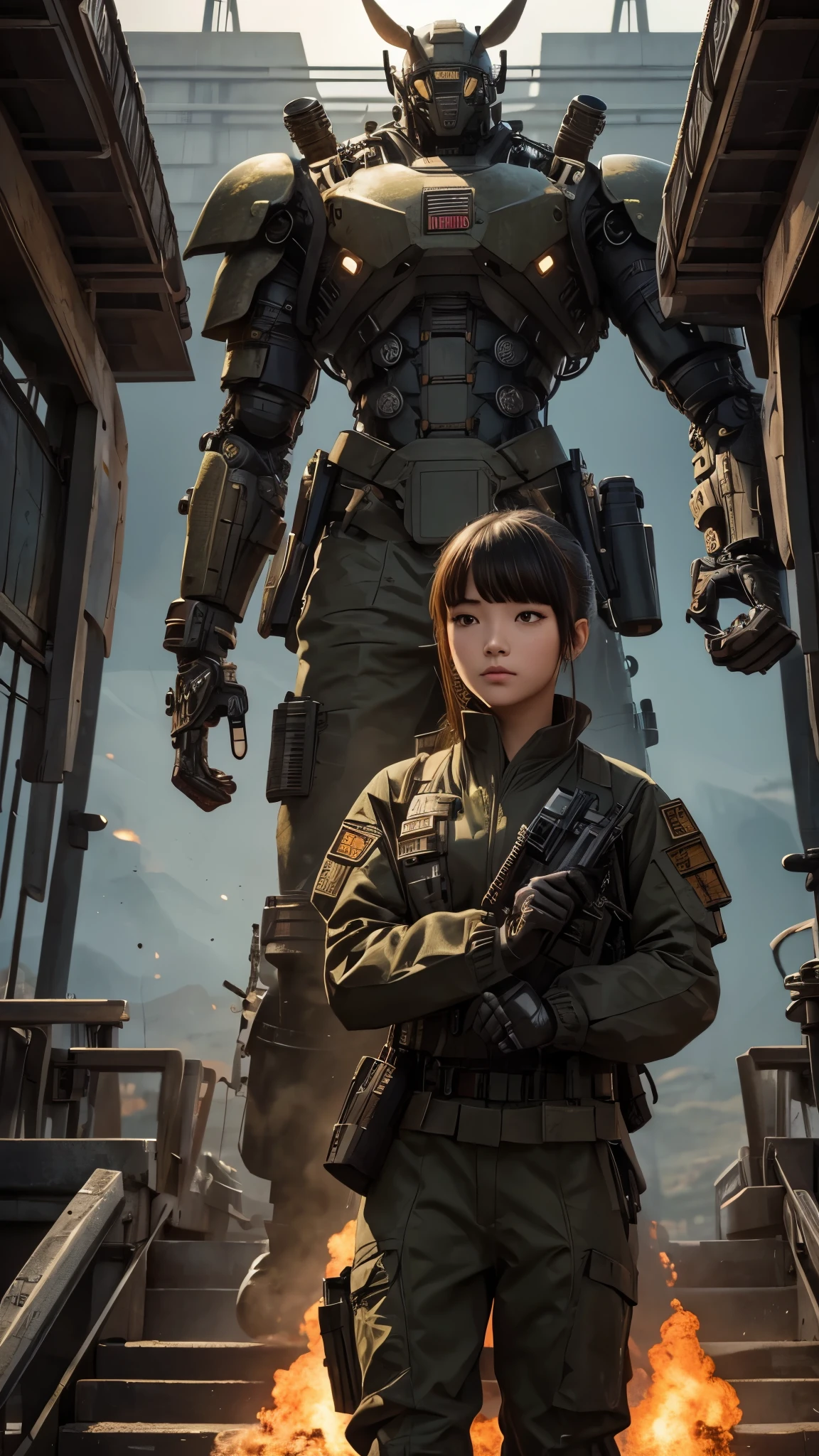 (best quality), oriental detailed background, science fiction,mechanical arms,girl with man , war, monster army, techwear,, military uniform