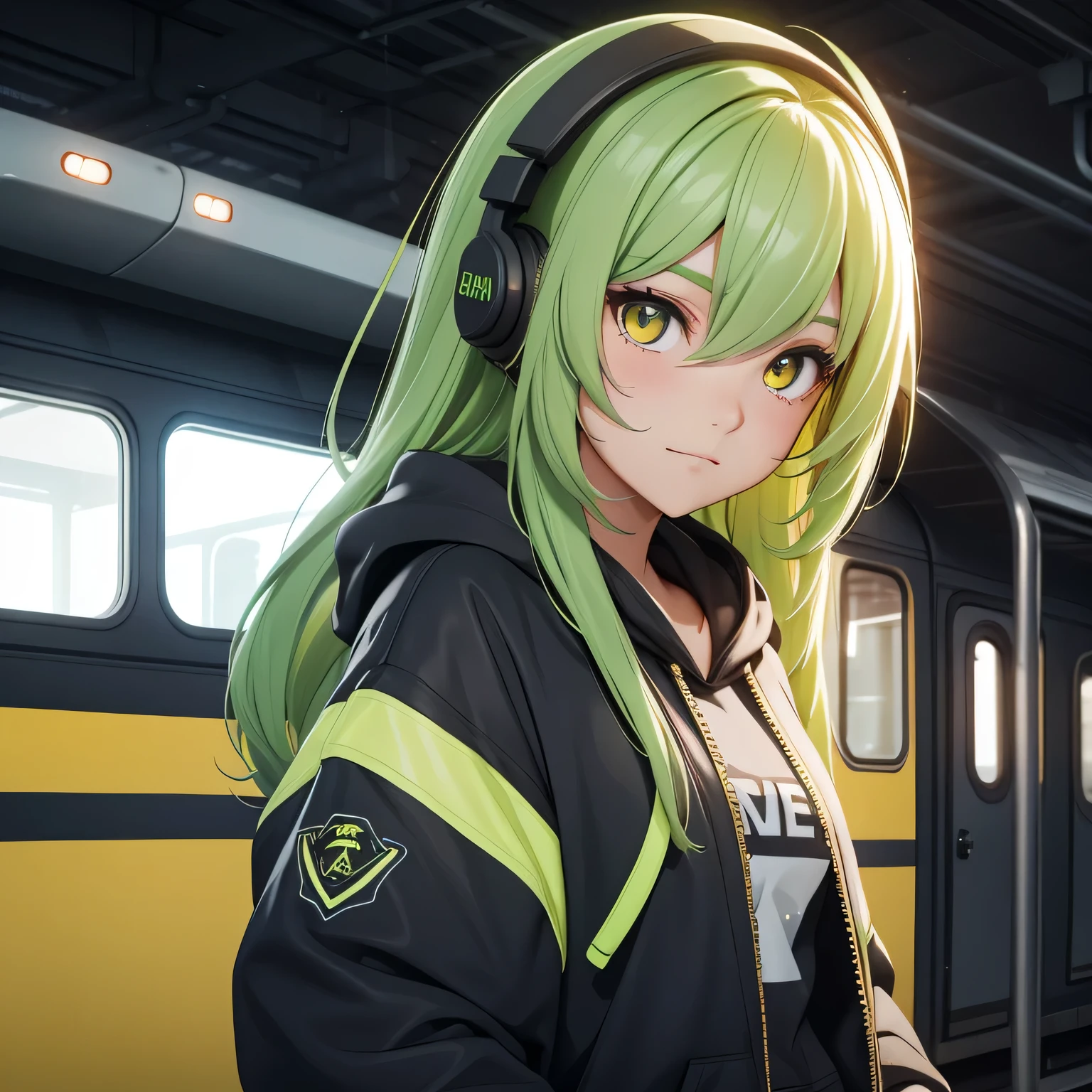 A girl, lime hair, long hair, feminime, soft smile, lime hoodie jacket, glowing yellow eyes, train background, wearing black headphone,