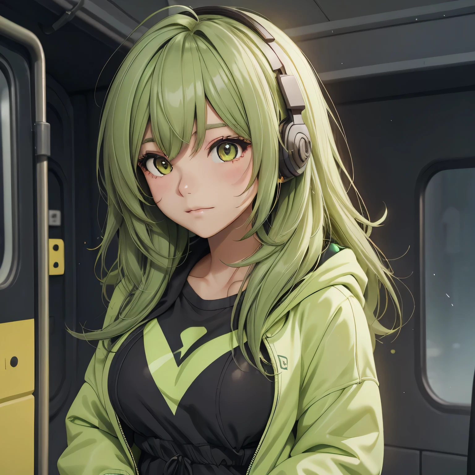 A girl, lime hair, long hair, feminime, soft smile, lime hoodie jacket, glowing yellow eyes, train background, wearing black headphone, medium breast,