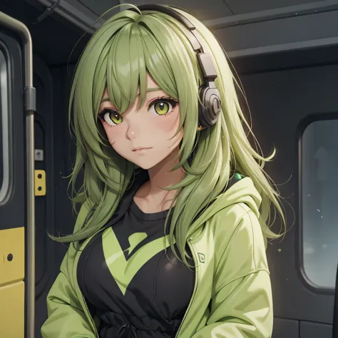 a girl, lime hair, long hair, feminime, soft smile, lime hoodie jacket, glowing yellow eyes, train background, wearing black hea...