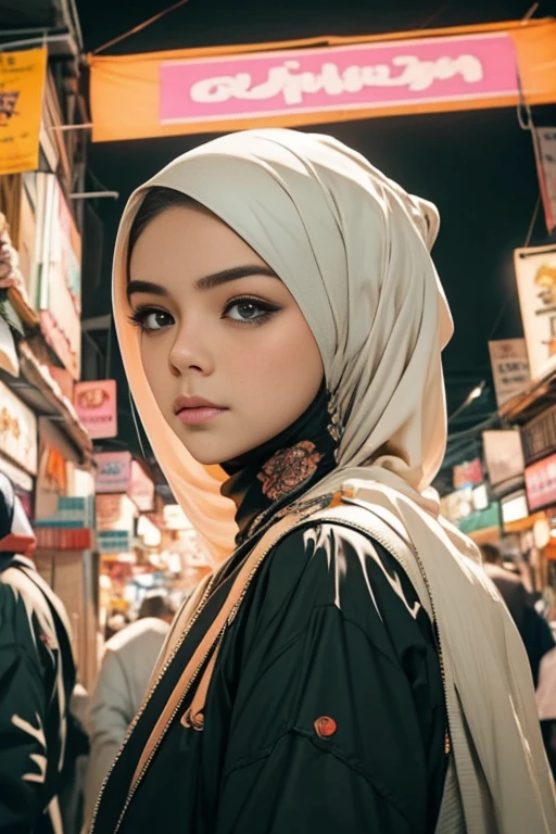 style cyberpunk, 1 femelle, femme malaise, femme malaisienne, peau sombre, Mira Filzah, Mira Filzah face. Fond de Kuala Lumpur, nuit market, nuit, il pleut