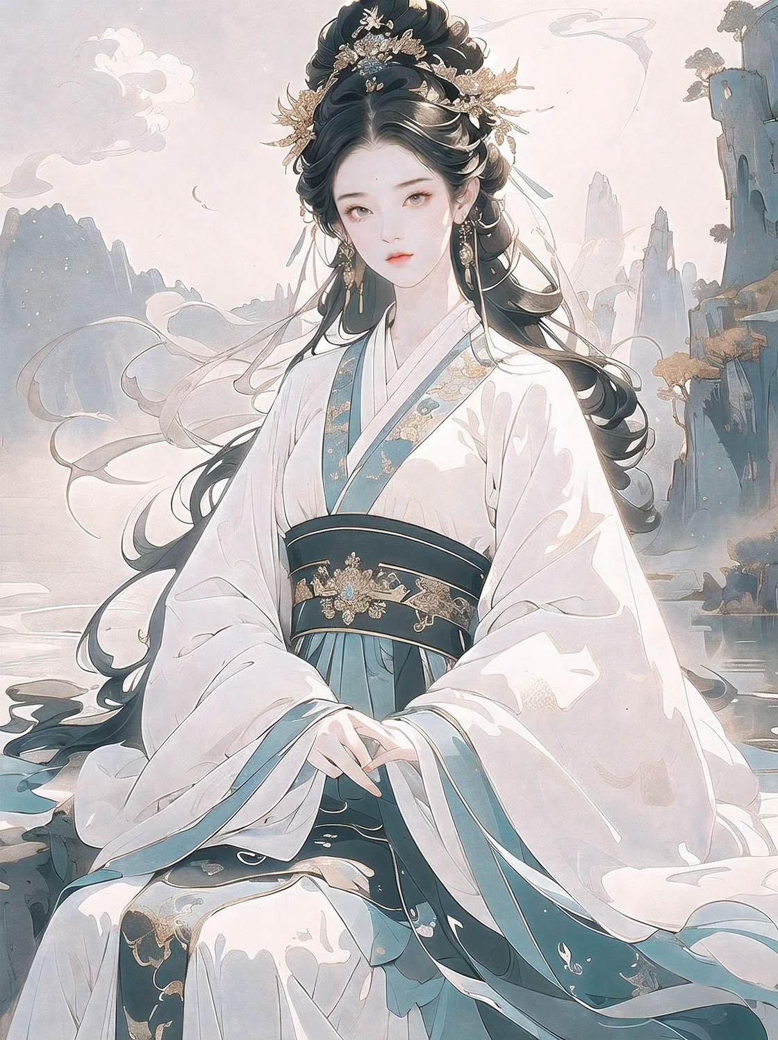 Masterpiece, best quality, 4k, absurd, simple background, 1 girl, (solo), (Hanfu), long skirt, white, sitting by the river, central composition, white decoration, black hair, dreamy, (cute face), chest, sky background, (long hair), pond, distant mountain, Li Hui, front, (looking at the audience), central composition, half, dreaming, fantasy, close-up, (sky), outdoor, long eyes, No excess, no ribbons, blurry background, (no hair accessories), lighting, lighting, sunlight, lighting effects, CG digital rendering,