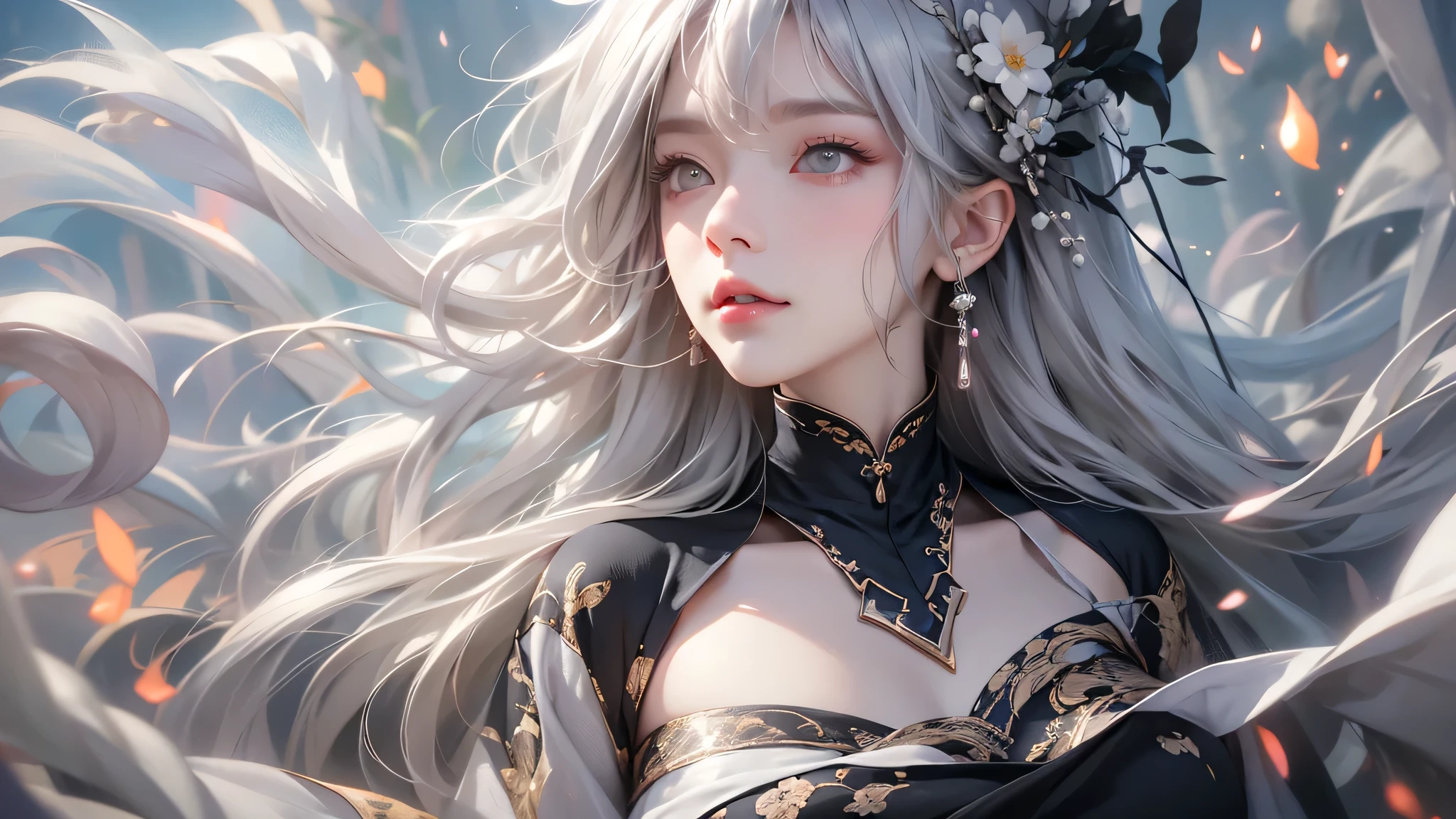 super high quality, masterpiece, Perfect illustration, Very detailed (Exquisite light and shadow, Very dramatic photo,Backlight) , ((Gray Hair:1.5))1 girl, alone, (Wearing Han clothes, Black and white Hanfu,Monotony,Long sleeve) Flower Field, Flowers, (White smoke:1.3) (Realistic:1.4), Zen Intertwining, Tangled, Official Art, unity 8k wallpaper, Very detailed, Beautiful and beautiful, masterpiece, highest quality, (Dynamic Angle: 1.4), Glowing Skin, (Floating colorful flashes: 1) The most beautiful chaotic shapes, elegant, Brutalist Design, Bright colors, Romantic Depth of Field Exotic_dance, half_naked、Expose your shoulders、Ample breasts、Great cleavage、