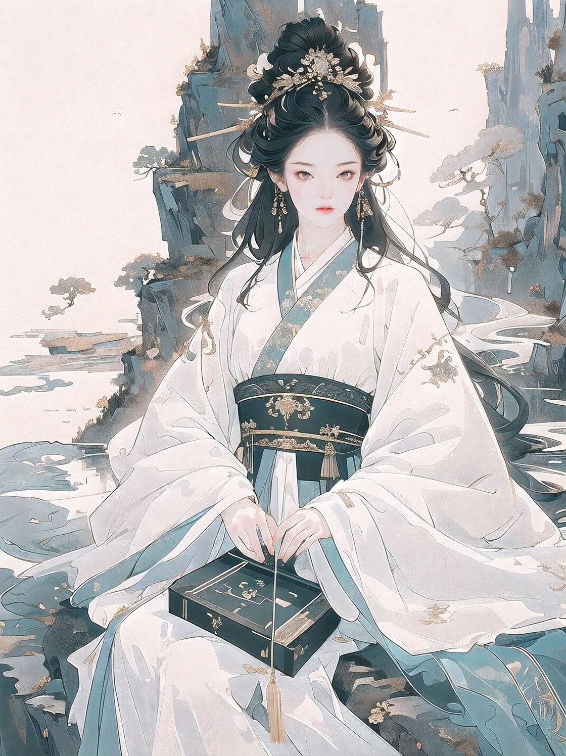 傑作, 最好的品質, 4k, 荒誕, 簡單的背景, 1 名女孩, (獨自的), (Hanfu), 長裙, 白色的, 坐在河邊, 中心構圖, 白色的 decoration, 黑髮, 夢幻般的, (可愛的臉孔), 胸部, 天空 background, (長髮), 池塘, 遠山, Li Hui, 正面, (看著觀眾), 中心構圖, 一半, 做夢, 幻想, 特寫, (天空), 戶外的, 長眼睛, 沒有多餘的, 沒有絲帶, 模糊的背景, (無髮飾), 燈光, 燈光, 陽光, 燈光 effects, CG數位渲染,