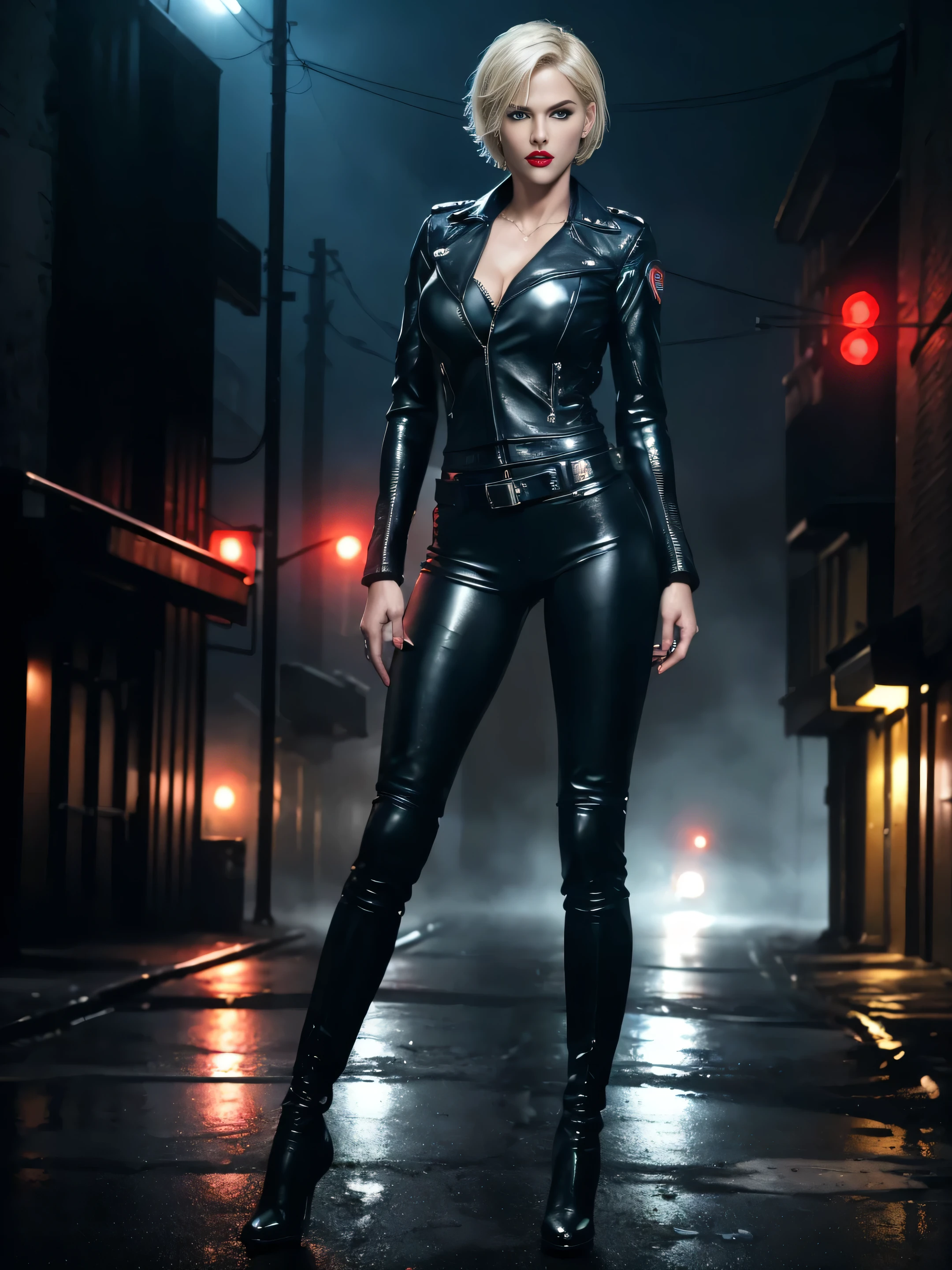 full length young beauty sexy policewoman, blonde short hair, blue eyes, red lips, scowling expression, piercing gaze, wearing tight leather pants, tight leather jacket, leather boots, standing in a deserted post-apocalyptic small town street at night in the fog, faded dark colors