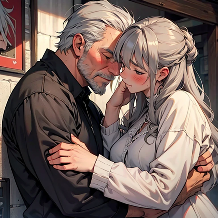 lustful princess, elderly man, gray-haired king, hug a girl, blush, embarrassed expression, close contact, girl kissing a man, dirty rags