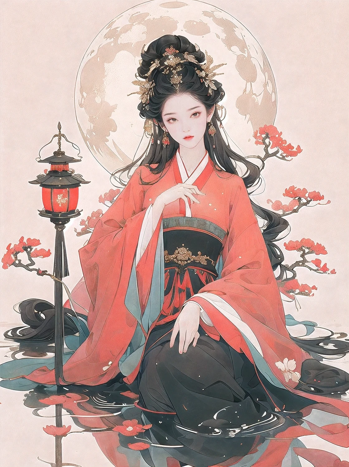 Simple background, masterpiece, best quality, conceptual art, (charming eyes), 1 girl, (lying posture), black hair, red dress, tree, pond, cherry blossom, night, lantern on water, moon, floating petals, light dots, long hair, atmosphere, flower sea, lively, without any, perfect hands, five fingers, gorgeous clothes, easygoing, charming eyes, profound expression,