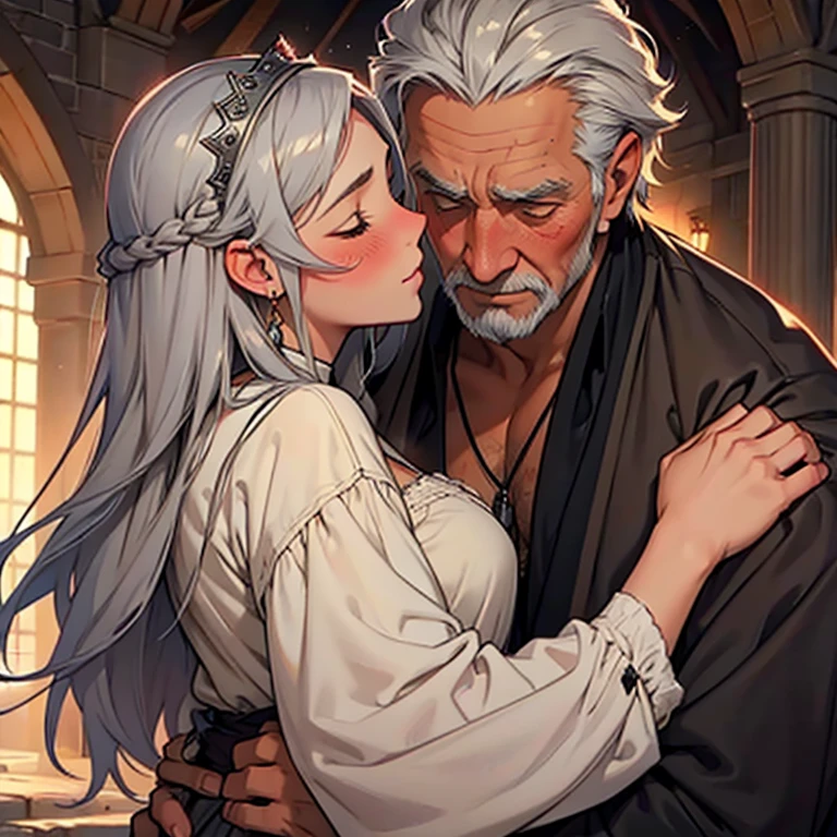 lustful princess, elderly man, gray-haired king, hug a girl, blush, embarrassed expression, close contact, girl kissing a man, dirty rags, sexy, medieval