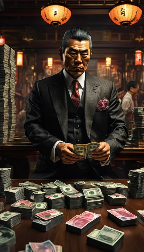 A Yakuza member counting stacks of yen, representing their economic influence, detail, shot, dramatic, daylight, indoor studio l...