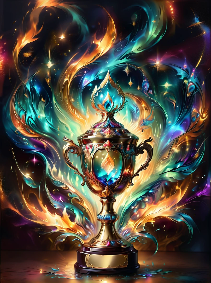 A vintage style gold leaf art oil painting，Depicts a beautiful golden trophy，It is decorated with exquisite gold foil patterns.，Carefully placed on the trophy is a majestic(Golden Flame：1.5)，Its jewels sparkle.，The trophy is made of gold，Set with precious gemstones，Glowing in the soft glow of the flame，Gold Leaf Glow，Metallic luster